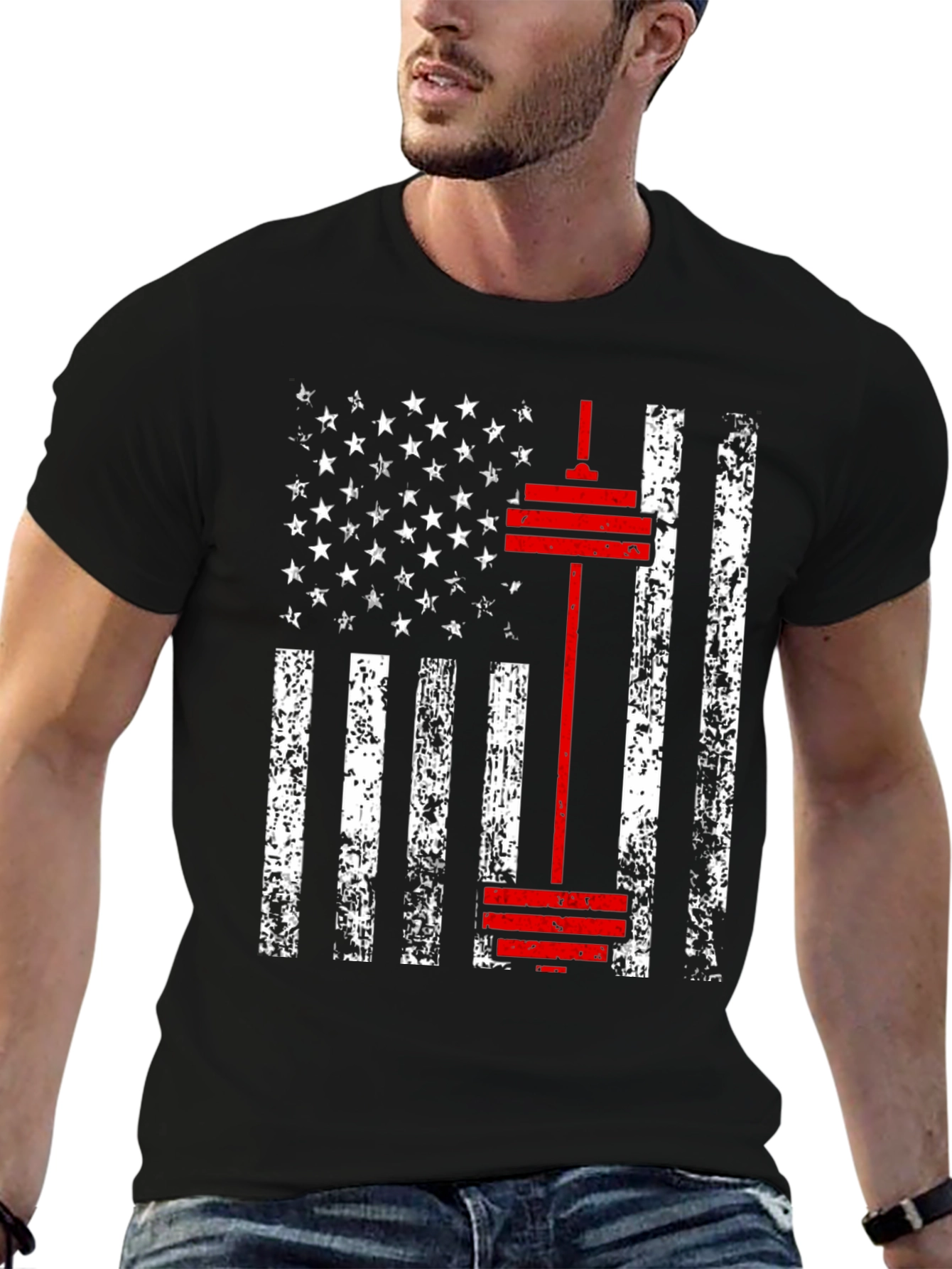 American Flag Barbell T-Shirt - Patriotic Gym Wear