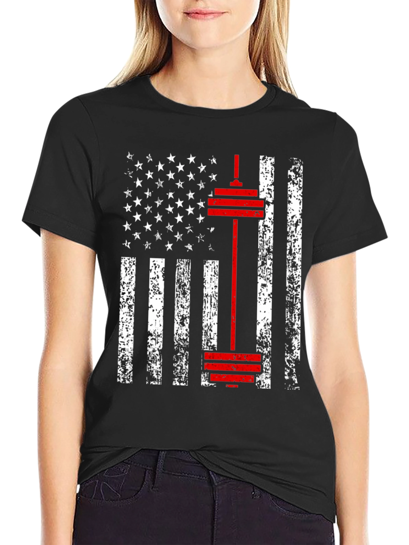 American Flag Barbell T-Shirt - Patriotic Gym Wear