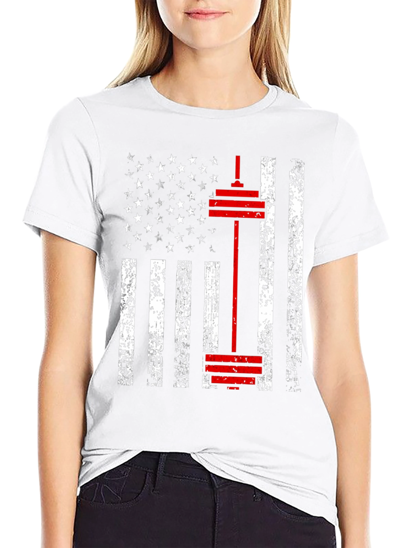 American Flag Barbell T-Shirt - Patriotic Gym Wear