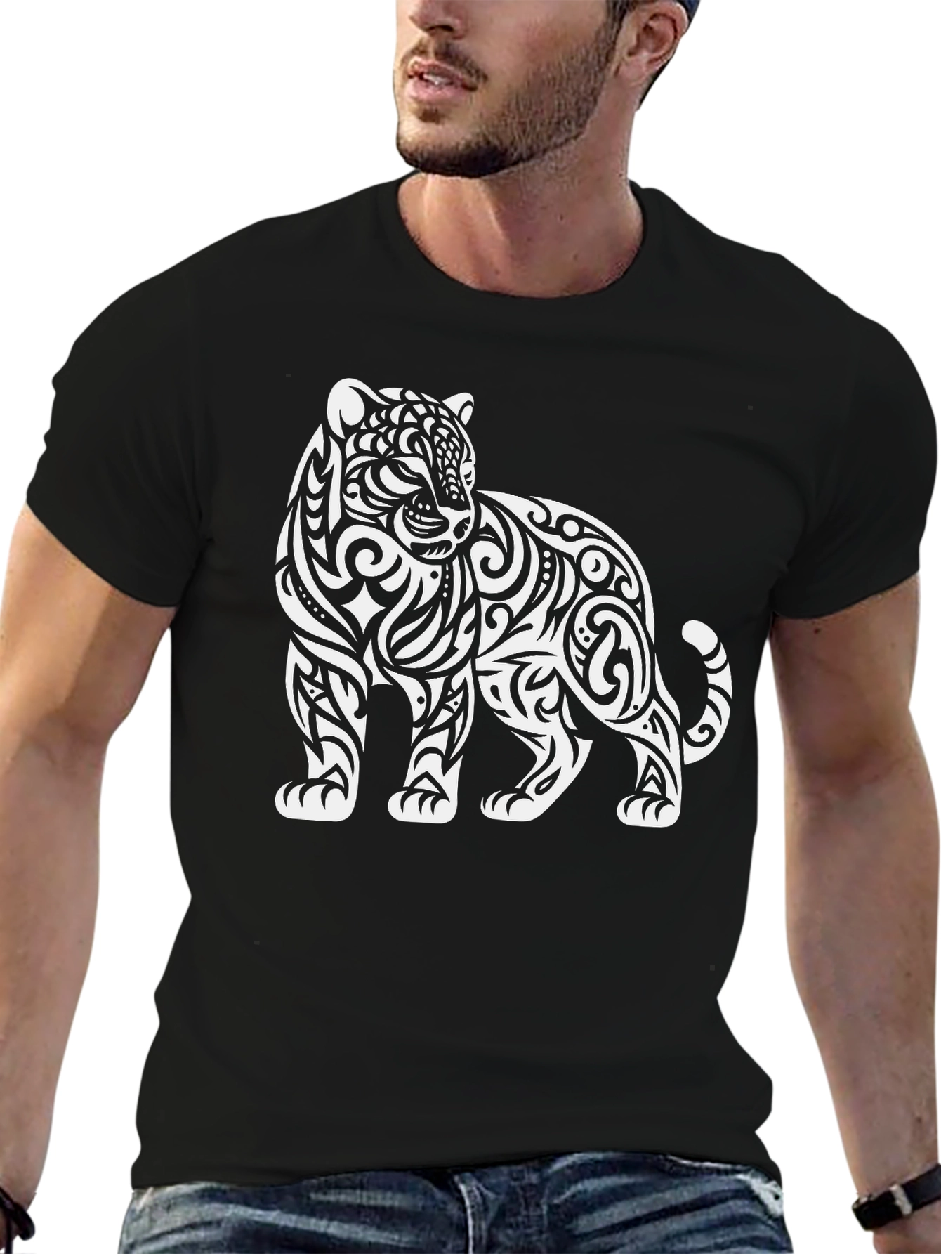 Tribal Tiger Graphic Tee - Stylish Black Cotton T-Shirt