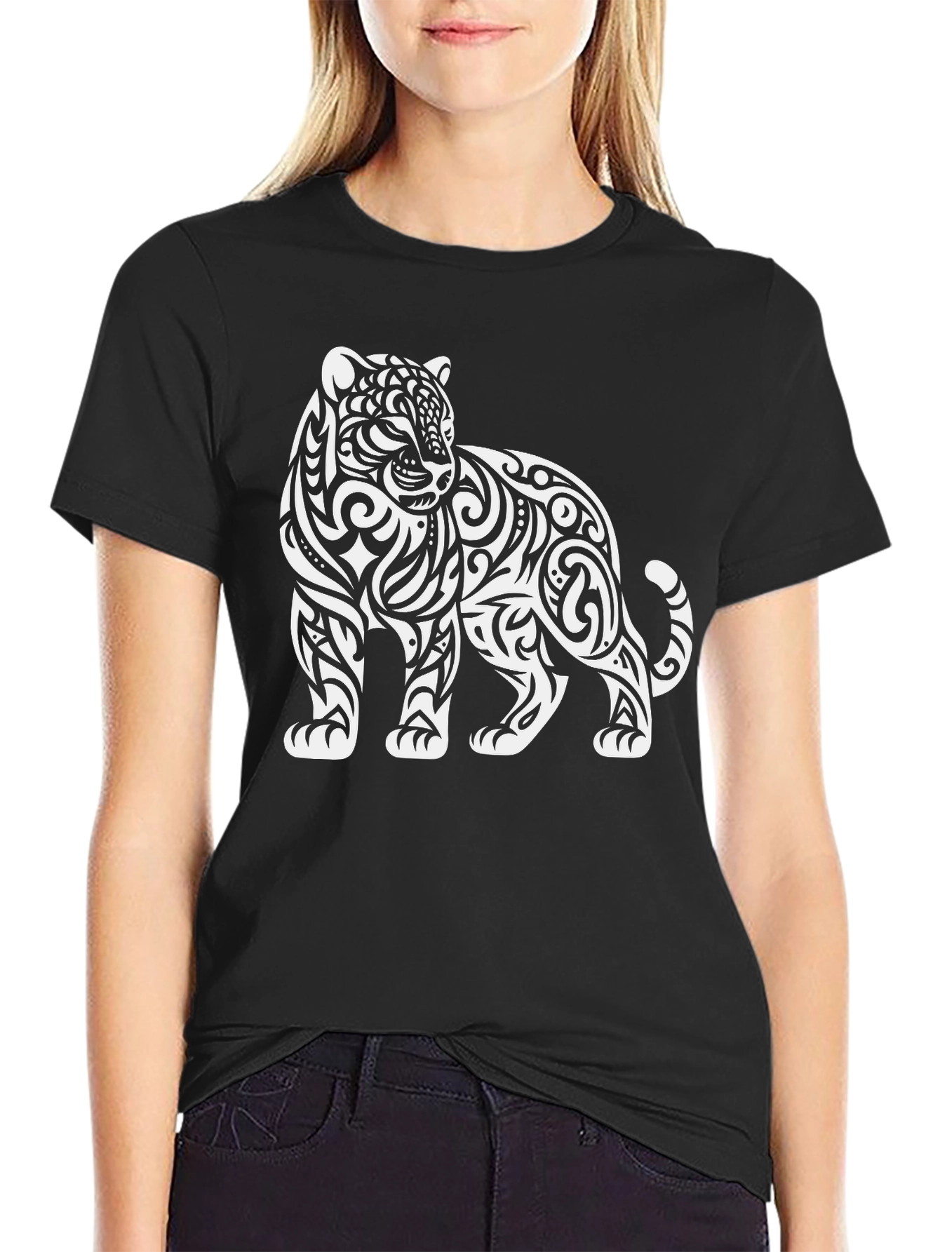 Tribal Tiger Graphic Tee - Stylish Black Cotton T-Shirt