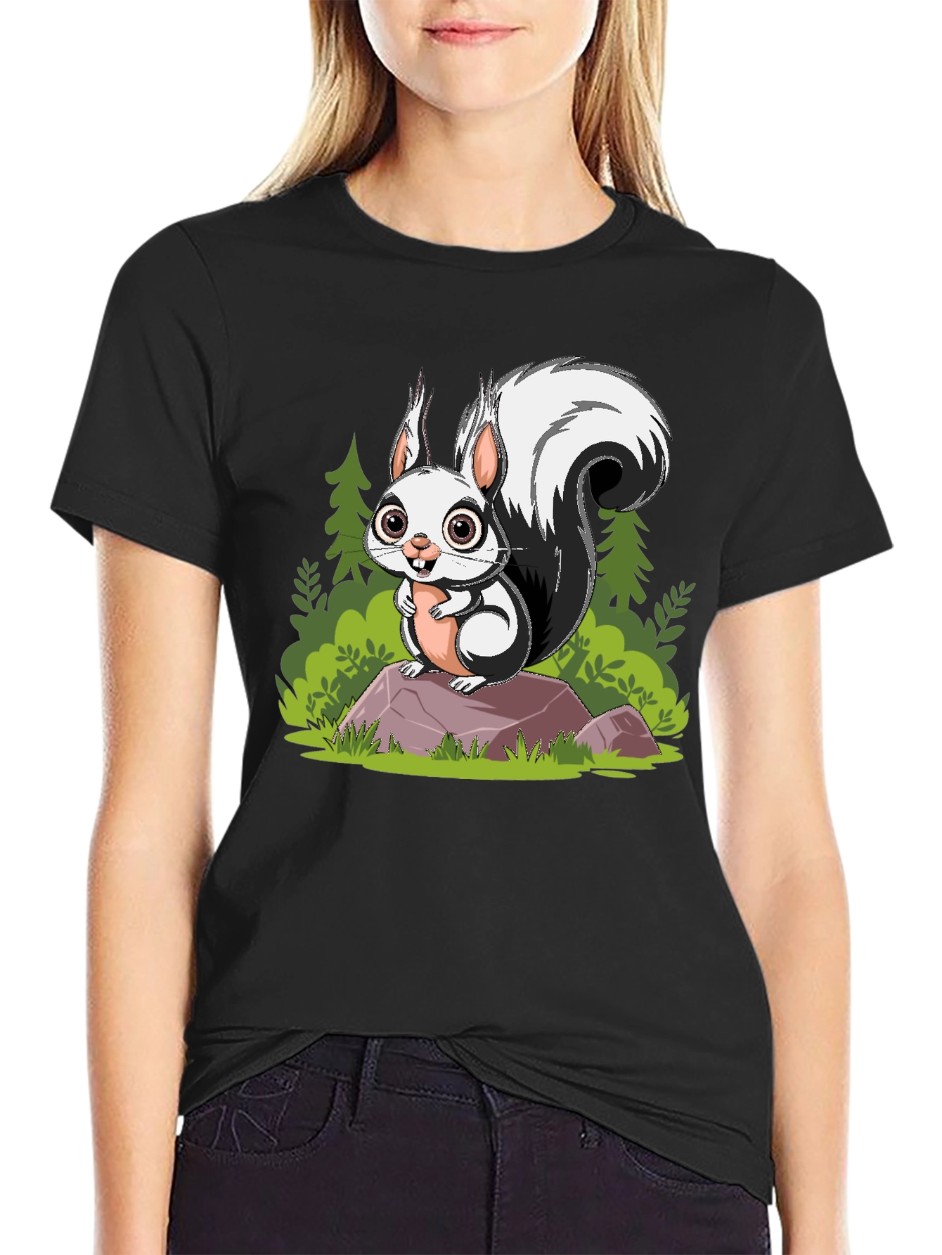 Cartoon Squirrel Graphic Tee - Black