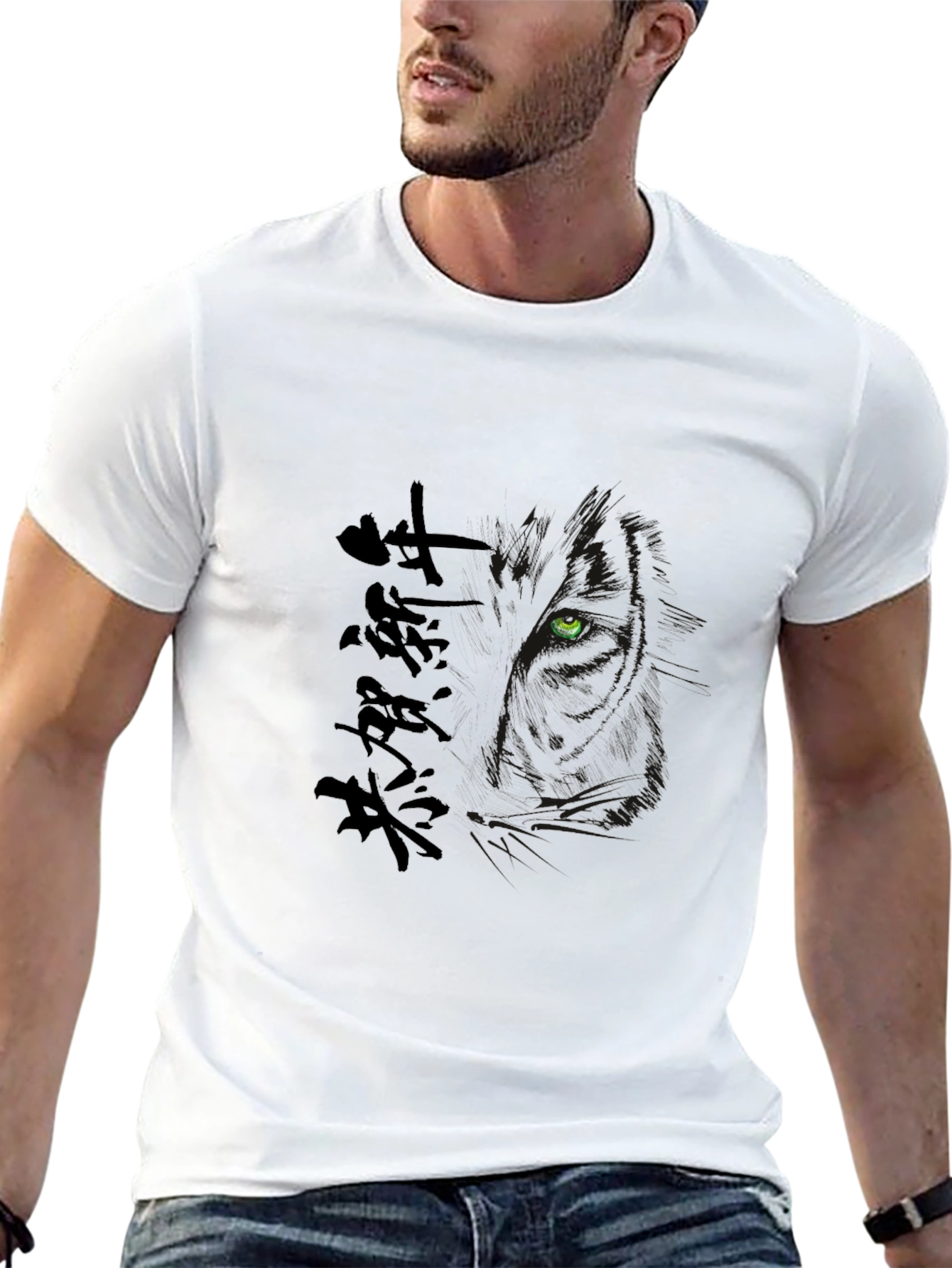 Mens Black Tee with Wolf Design & Japanese Text