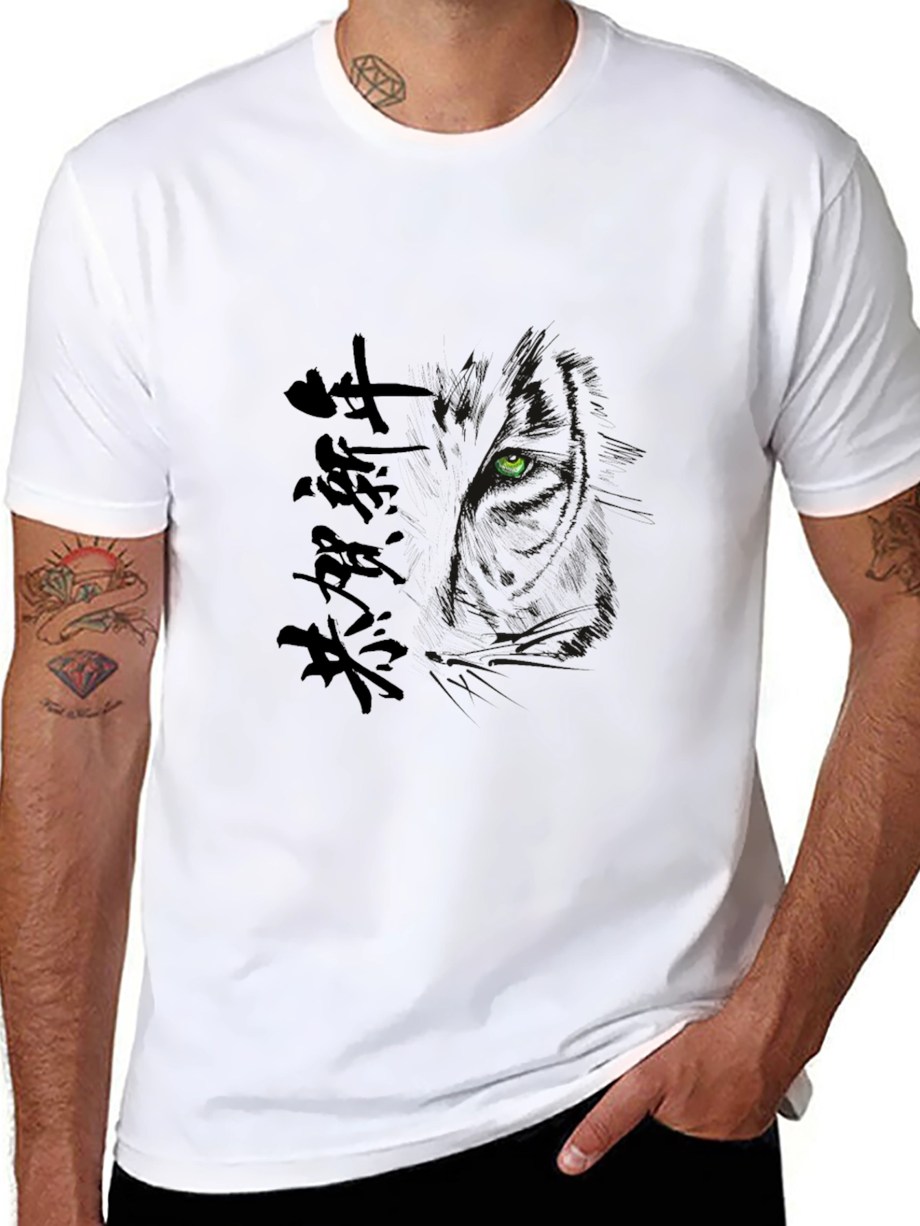 Mens Black Tee with Wolf Design & Japanese Text