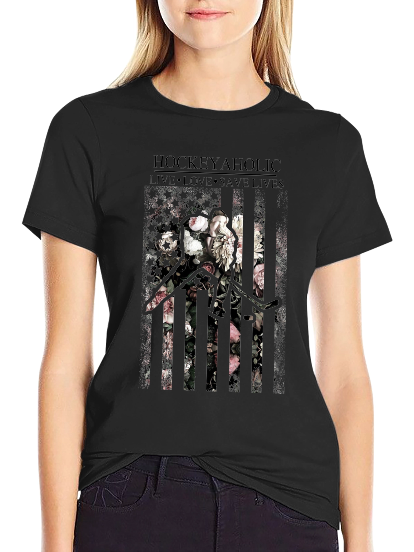 Hockeyaholic Floral Graphic Print T-Shirt