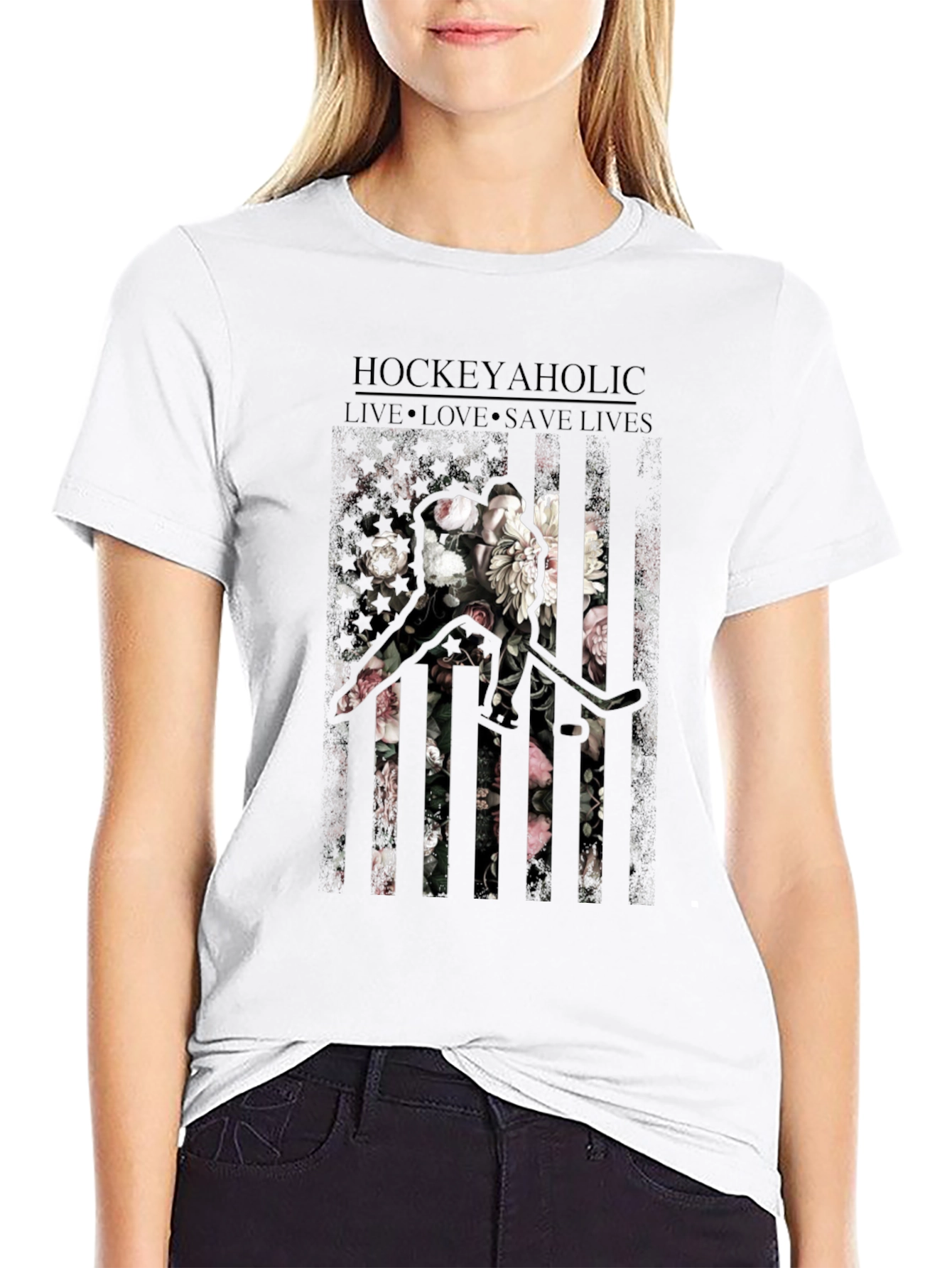 Hockeyaholic Floral Graphic Print T-Shirt