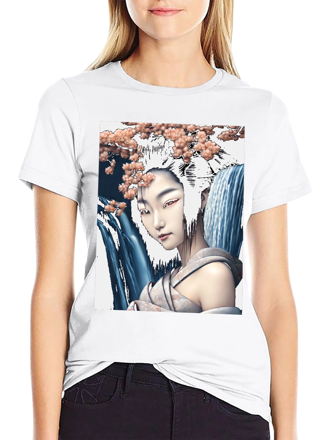 Geisha Waterfall Graphic Tee - Black