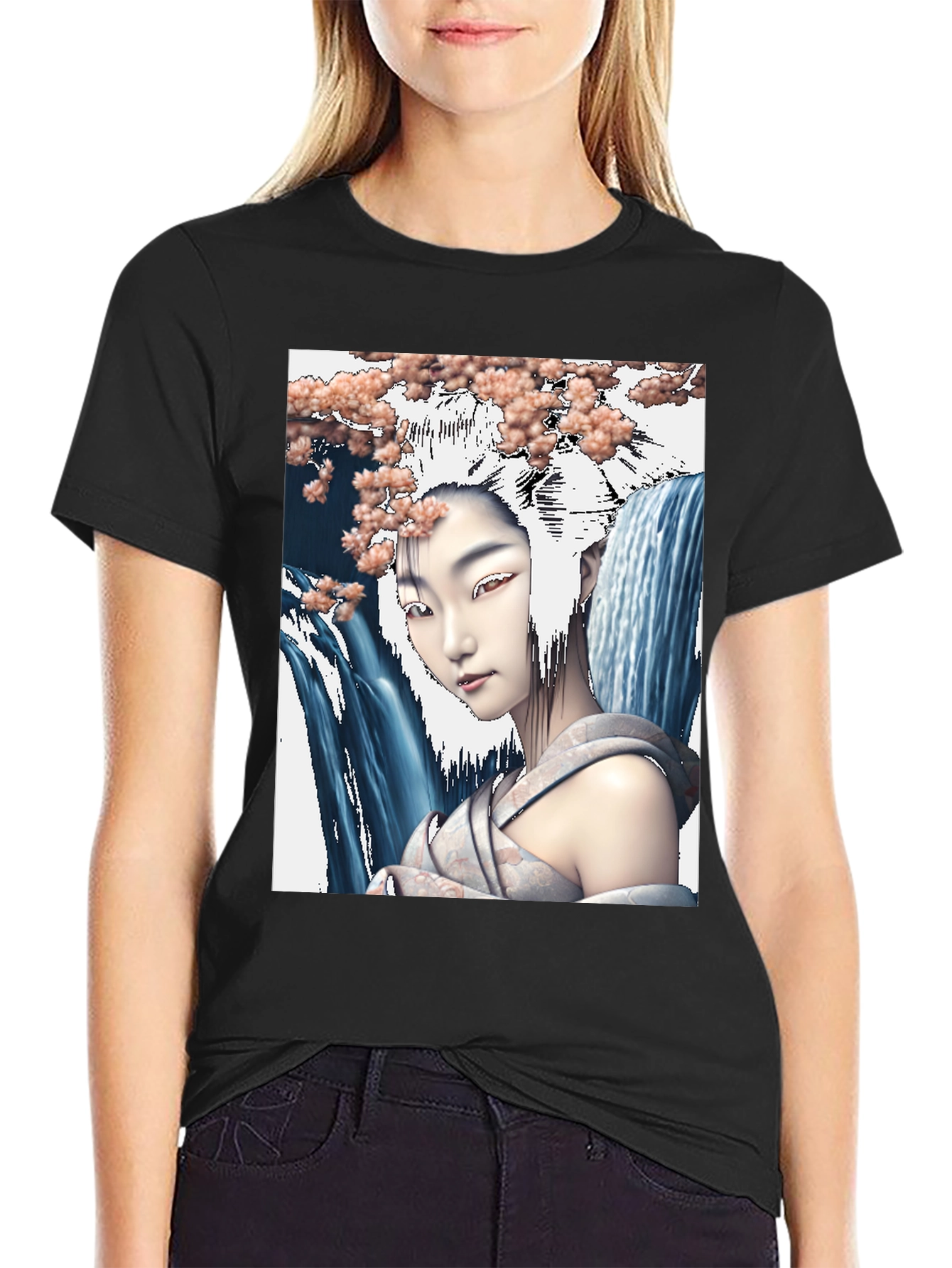 Geisha Waterfall Graphic Tee - Black