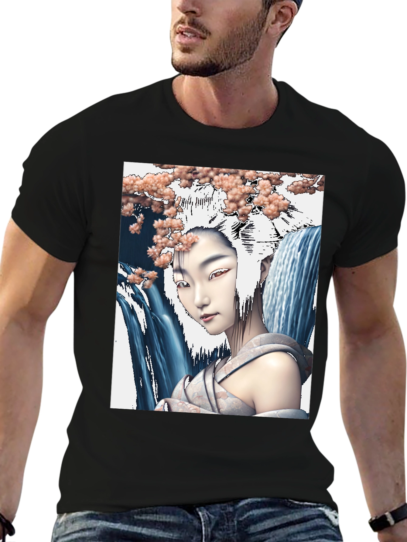 Geisha Waterfall Graphic Tee - Black