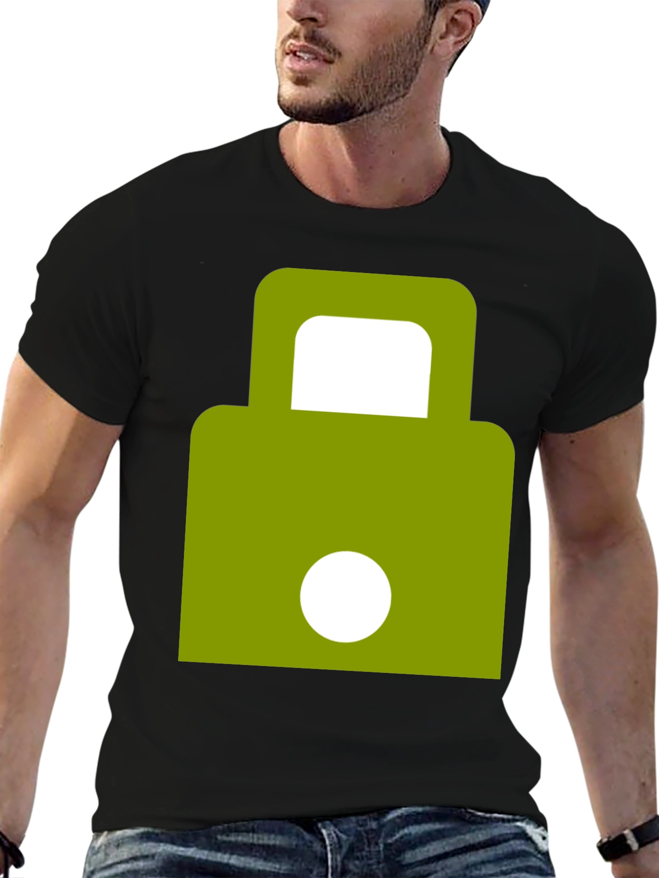 Modern Green Padlock Design Black T-Shirt