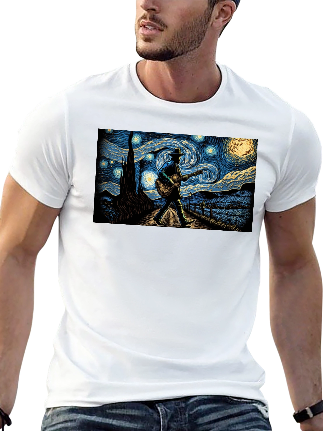 Starry Night Guitar Player Graphic Tee