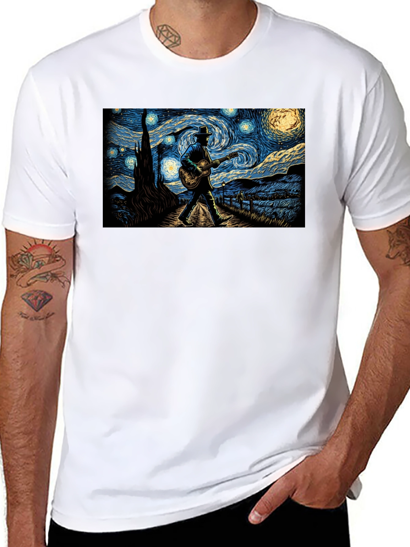 Starry Night Guitar Player Graphic Tee