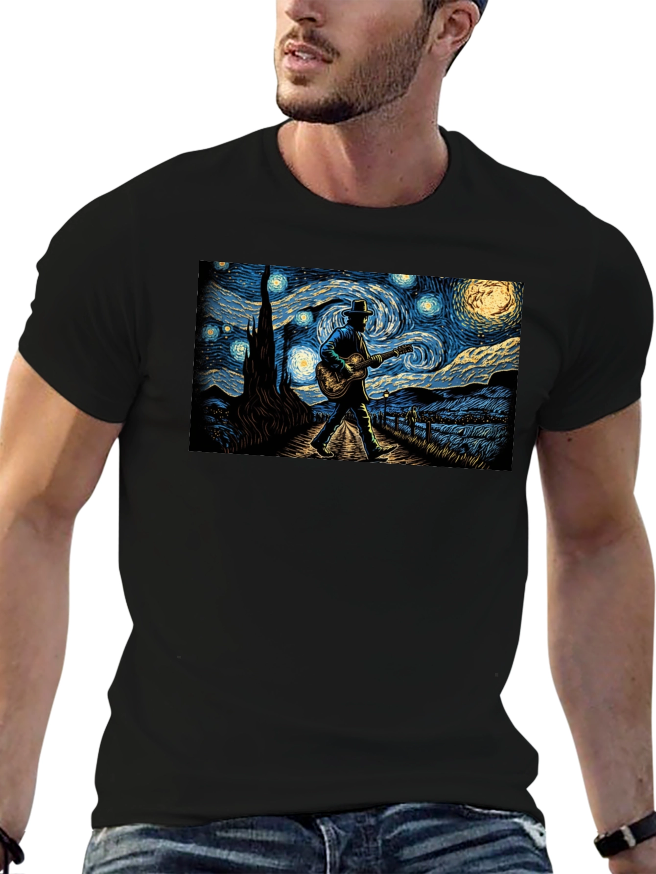 Starry Night Guitar Player Graphic Tee