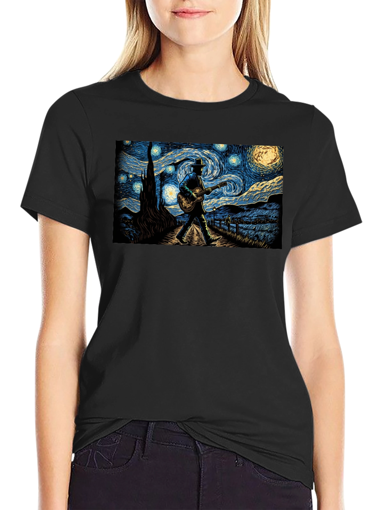 Starry Night Guitar Player Graphic Tee