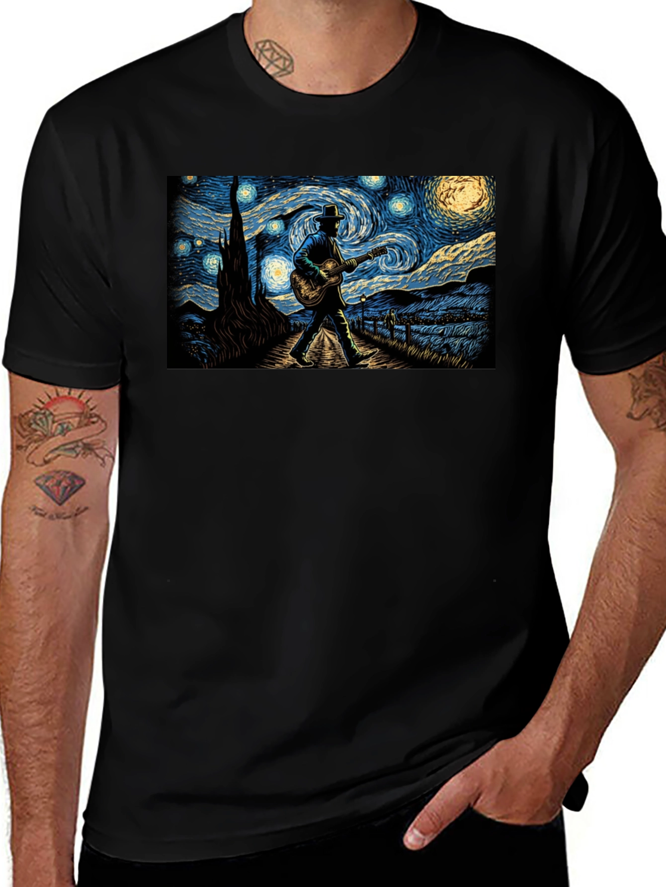 Starry Night Guitar Player Graphic Tee