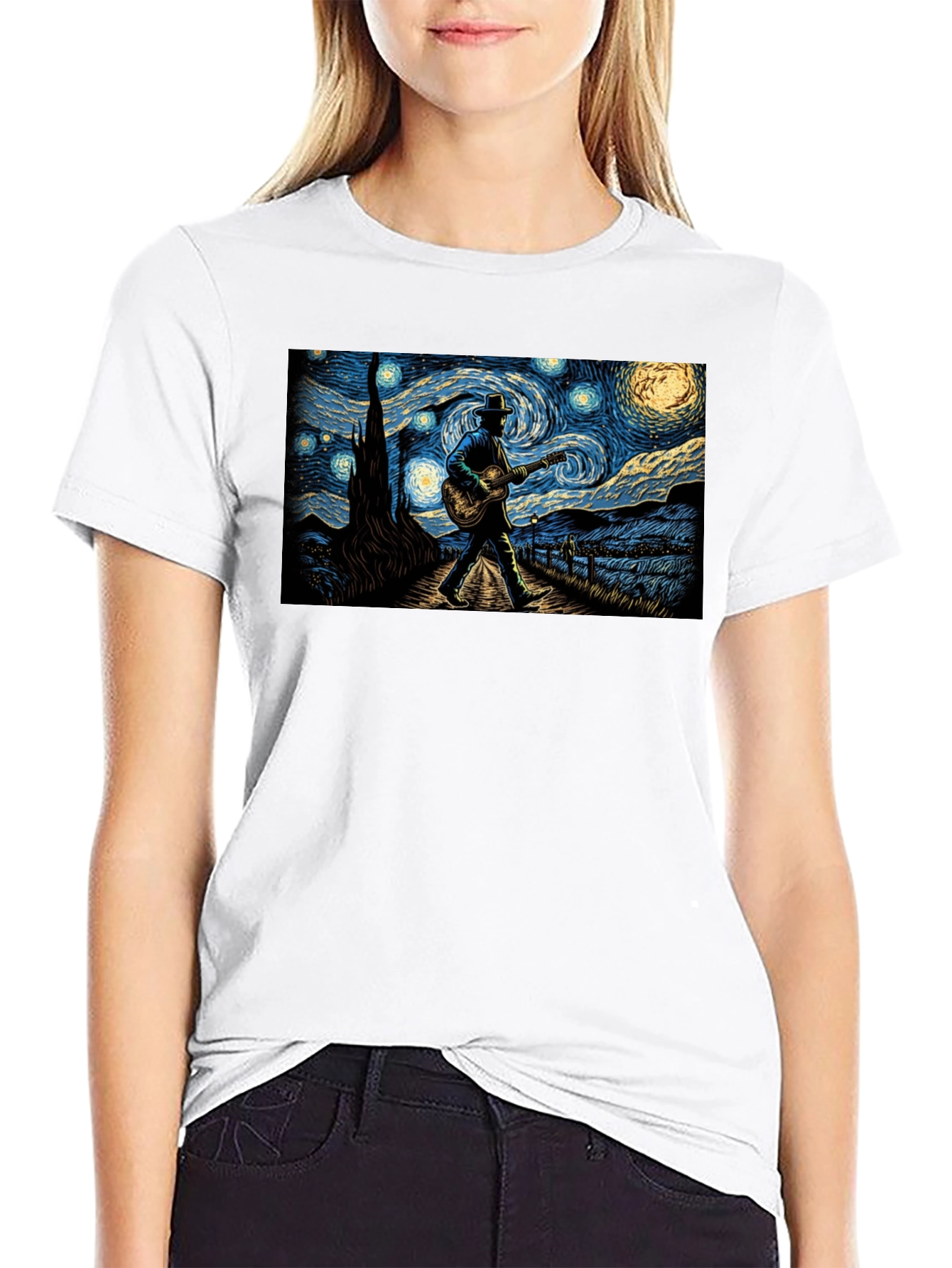 Starry Night Guitar Player Graphic Tee