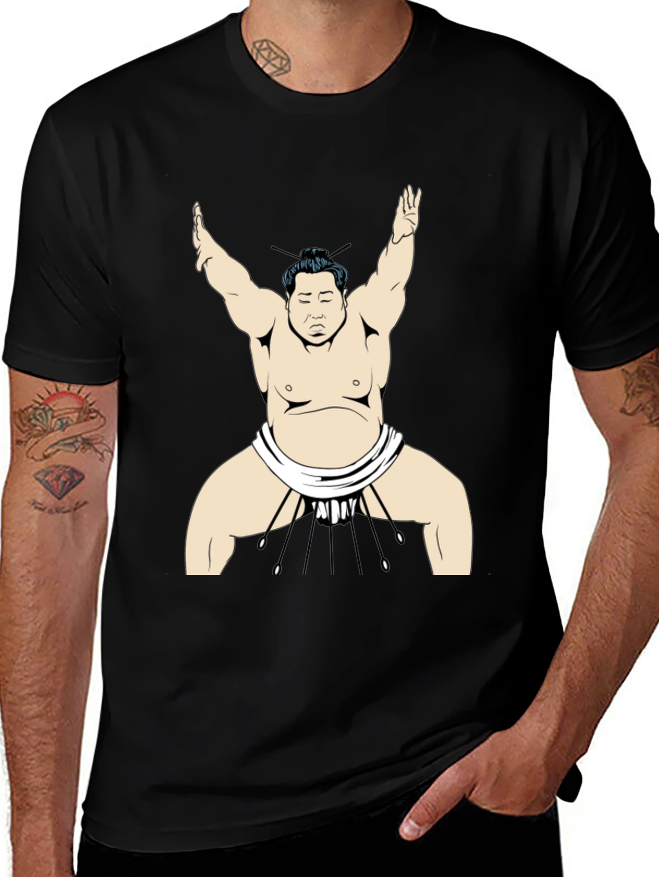 Sumo Wrestler Graphic Tee - Black Cotton T-Shirt