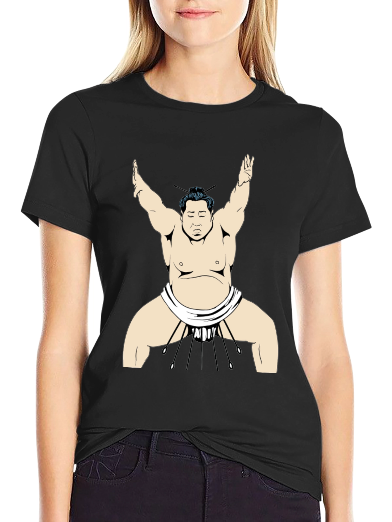 Sumo Wrestler Graphic Tee - Black Cotton T-Shirt