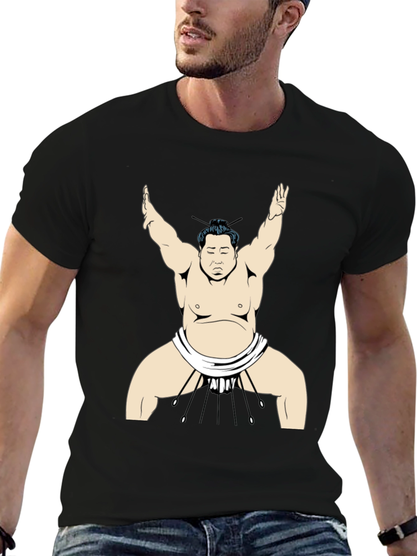 Sumo Wrestler Graphic Tee - Black Cotton T-Shirt