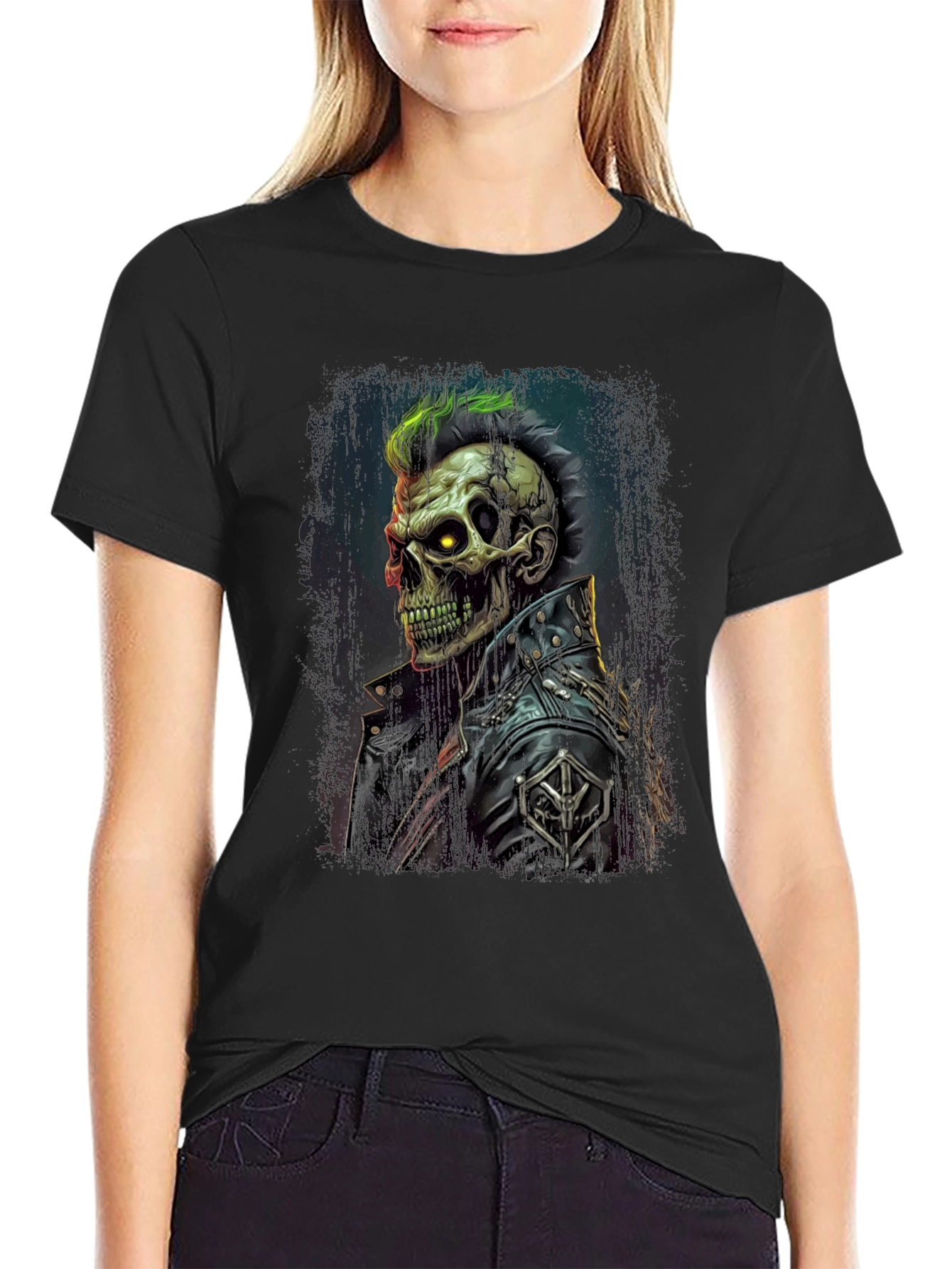 Punk Skull Graphic Tee - Leather Jacket Skeleton Shirt