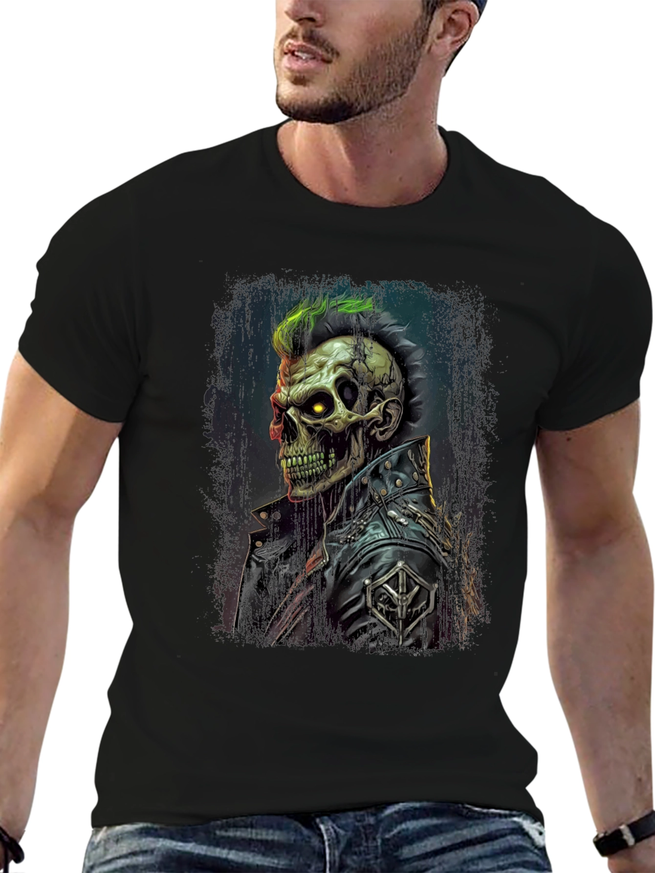 Punk Skull Graphic Tee - Leather Jacket Skeleton Shirt