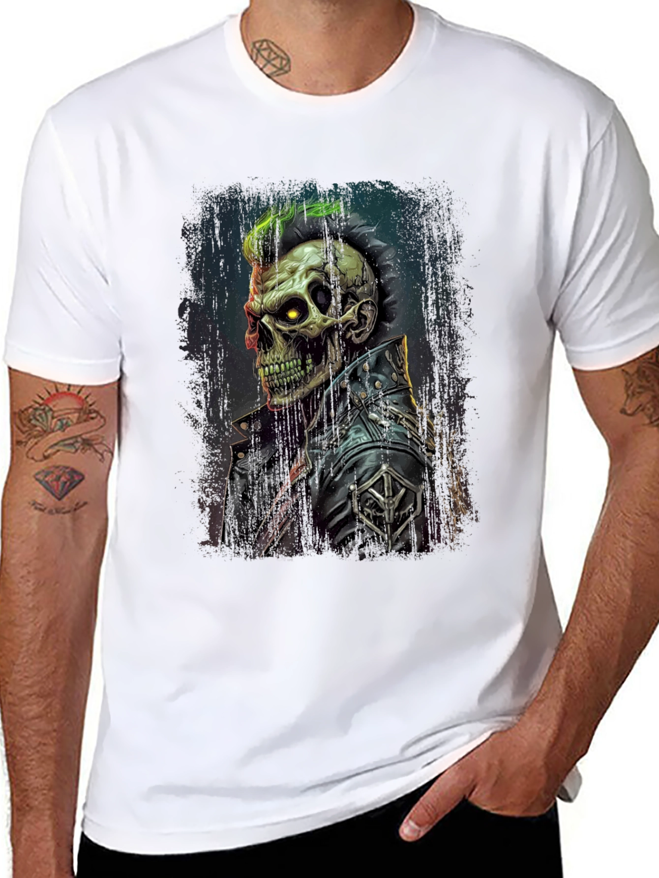 Punk Skull Graphic Tee - Leather Jacket Skeleton Shirt