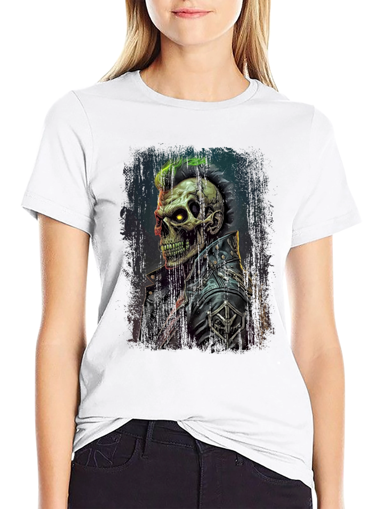 Punk Skull Graphic Tee - Leather Jacket Skeleton Shirt