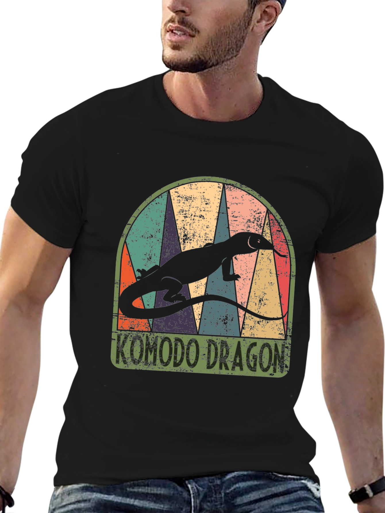 Komodo Dragon Retro Graphic Tee - Mens Black T-Shirt