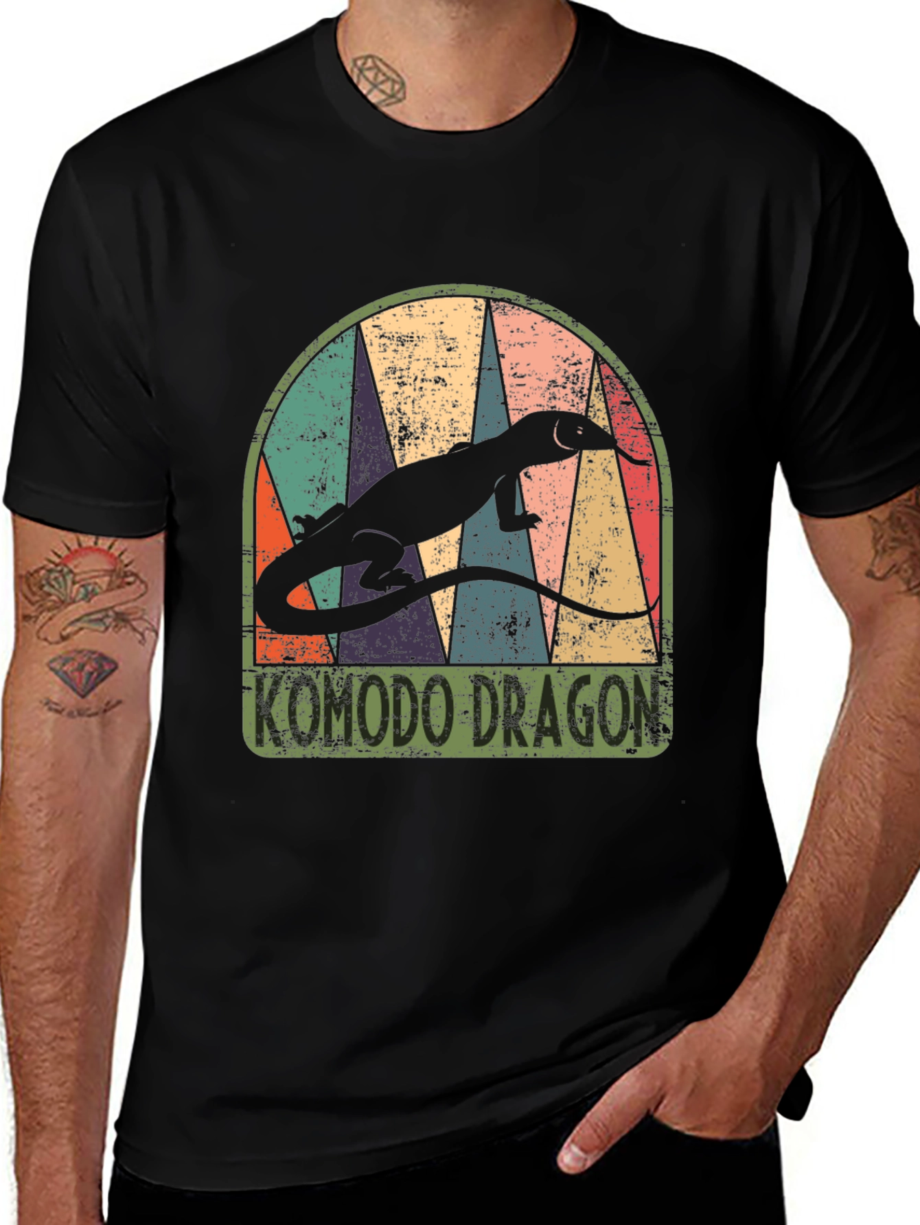 Komodo Dragon Retro Graphic Tee - Mens Black T-Shirt