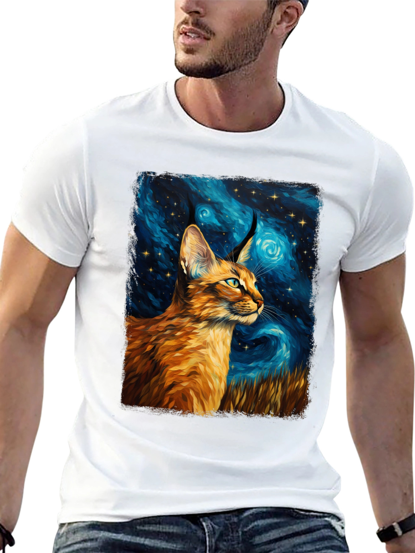 Caracal Cat Starry Night Art Black T-Shirt
