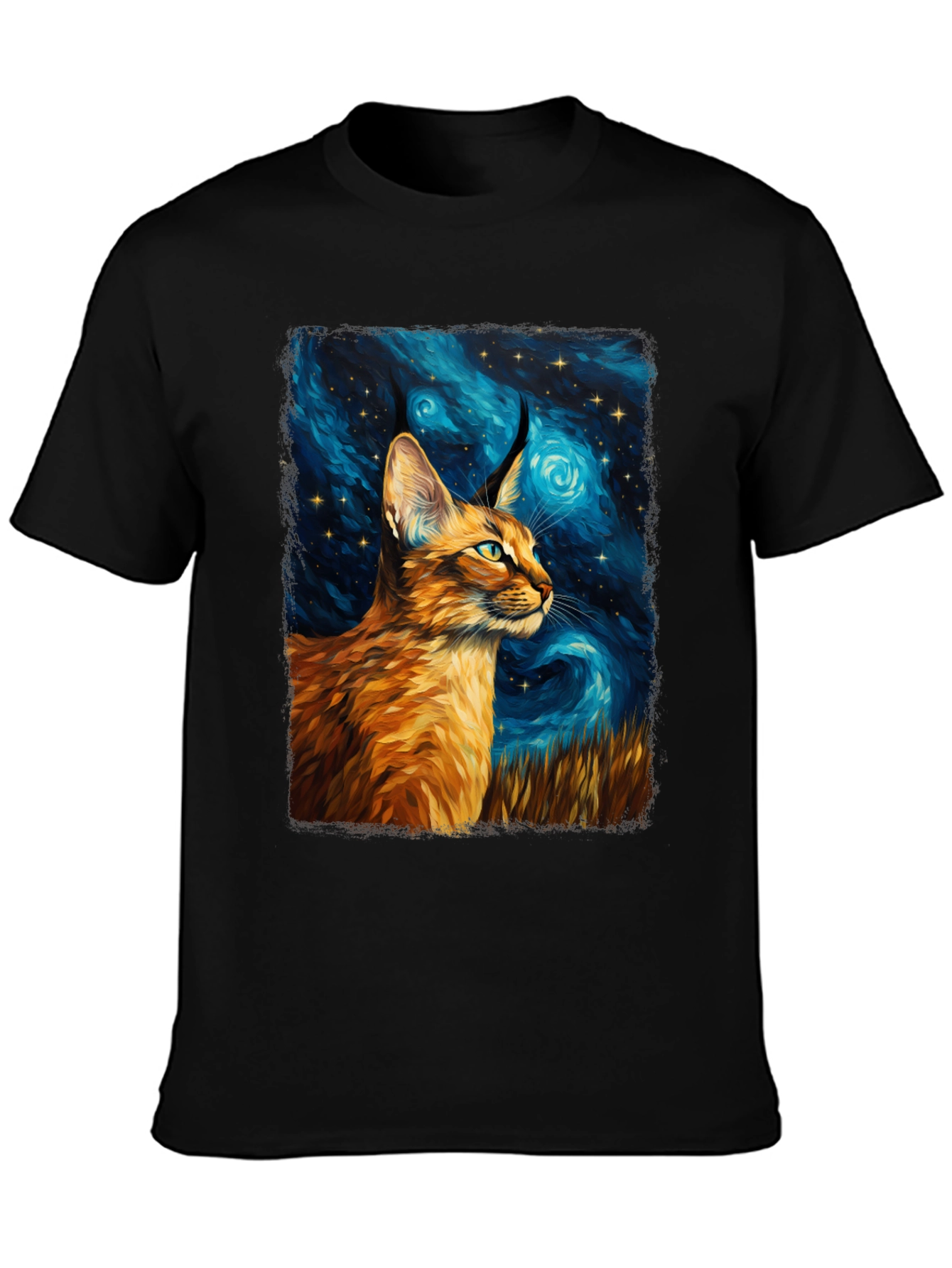 Caracal Cat Starry Night Art Black T-Shirt