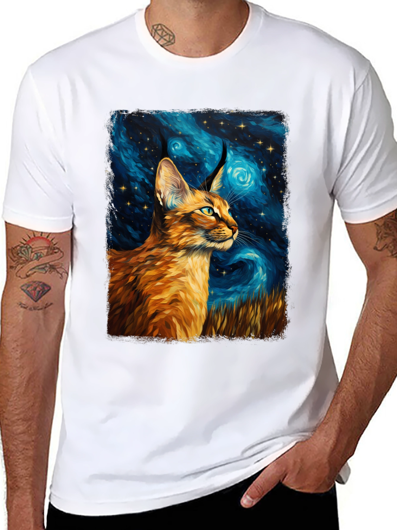 Caracal Cat Starry Night Art Black T-Shirt