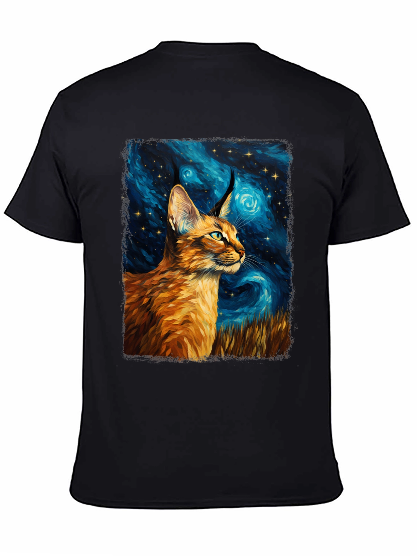 Caracal Cat Starry Night Art Black T-Shirt