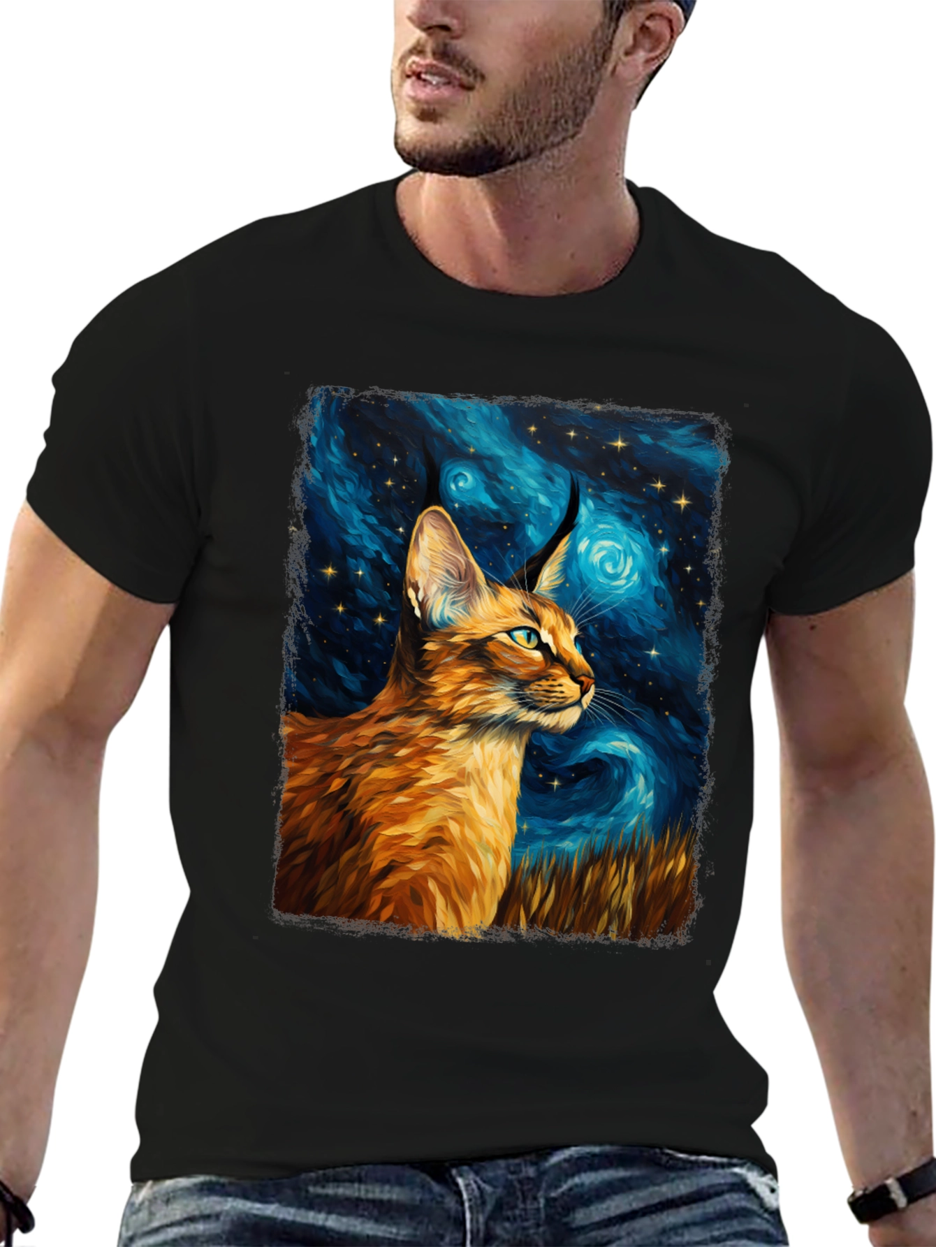Caracal Cat Starry Night Art Black T-Shirt