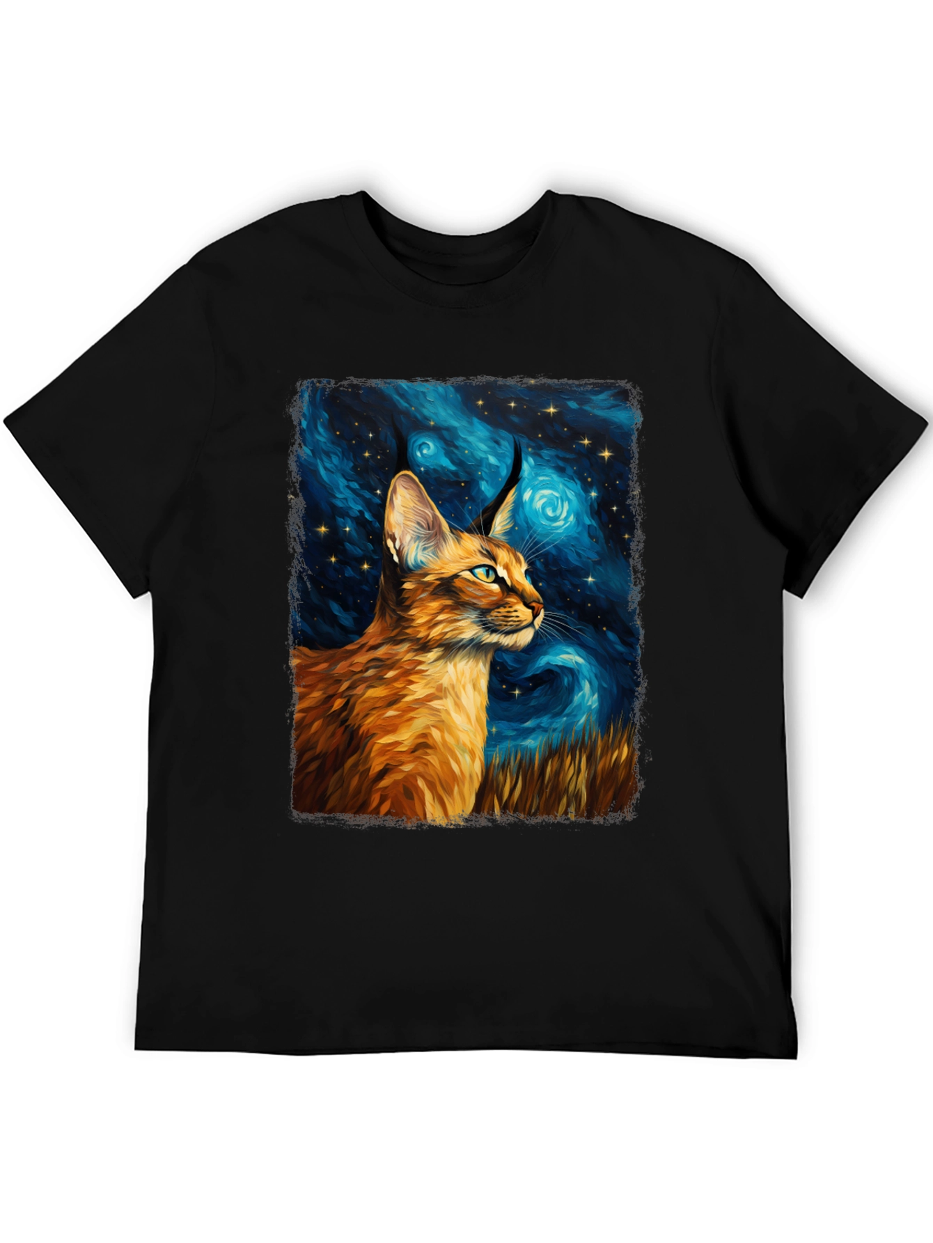 Caracal Cat Starry Night Art Black T-Shirt