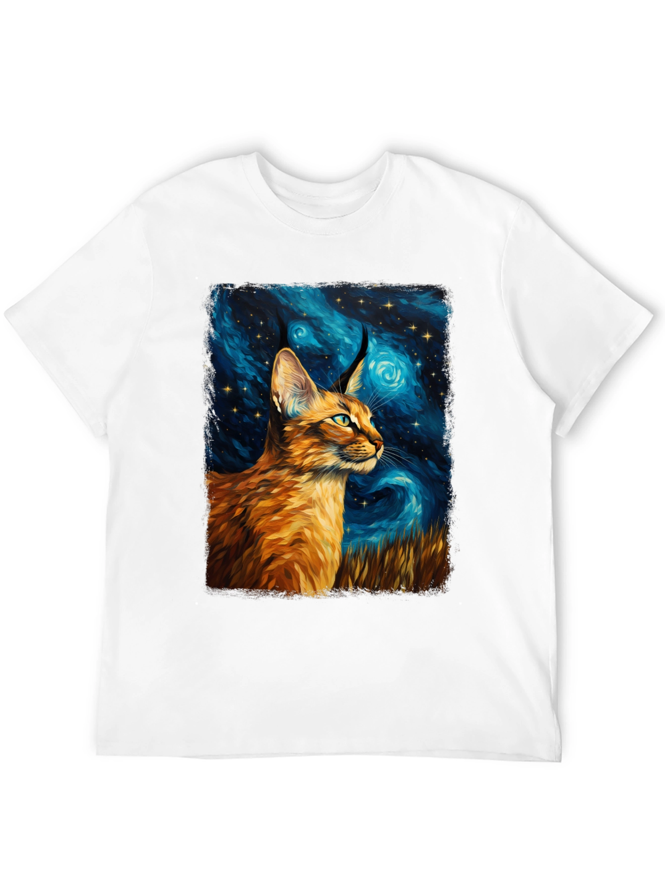 Caracal Cat Starry Night Art Black T-Shirt