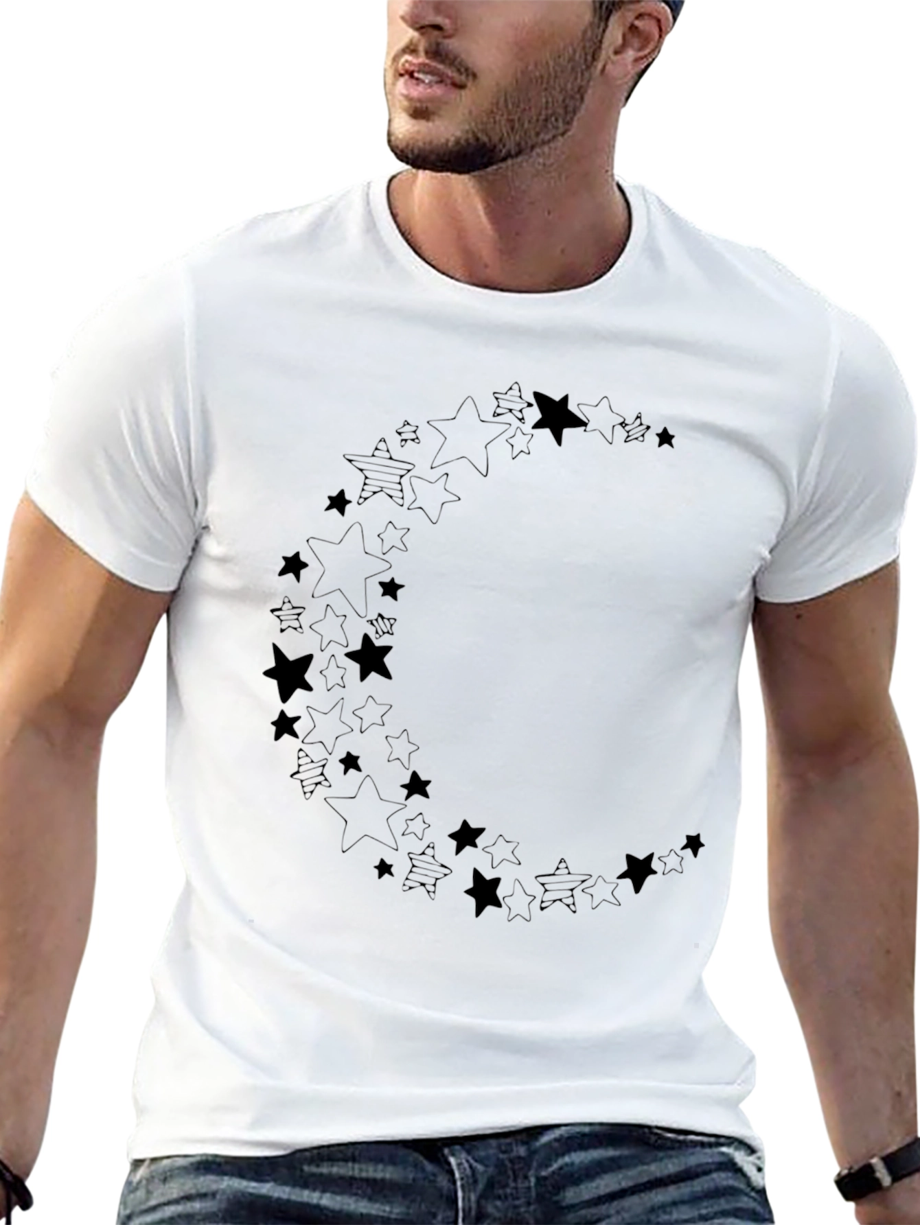 Starry Crescent Moon Graphic Black T-Shirt