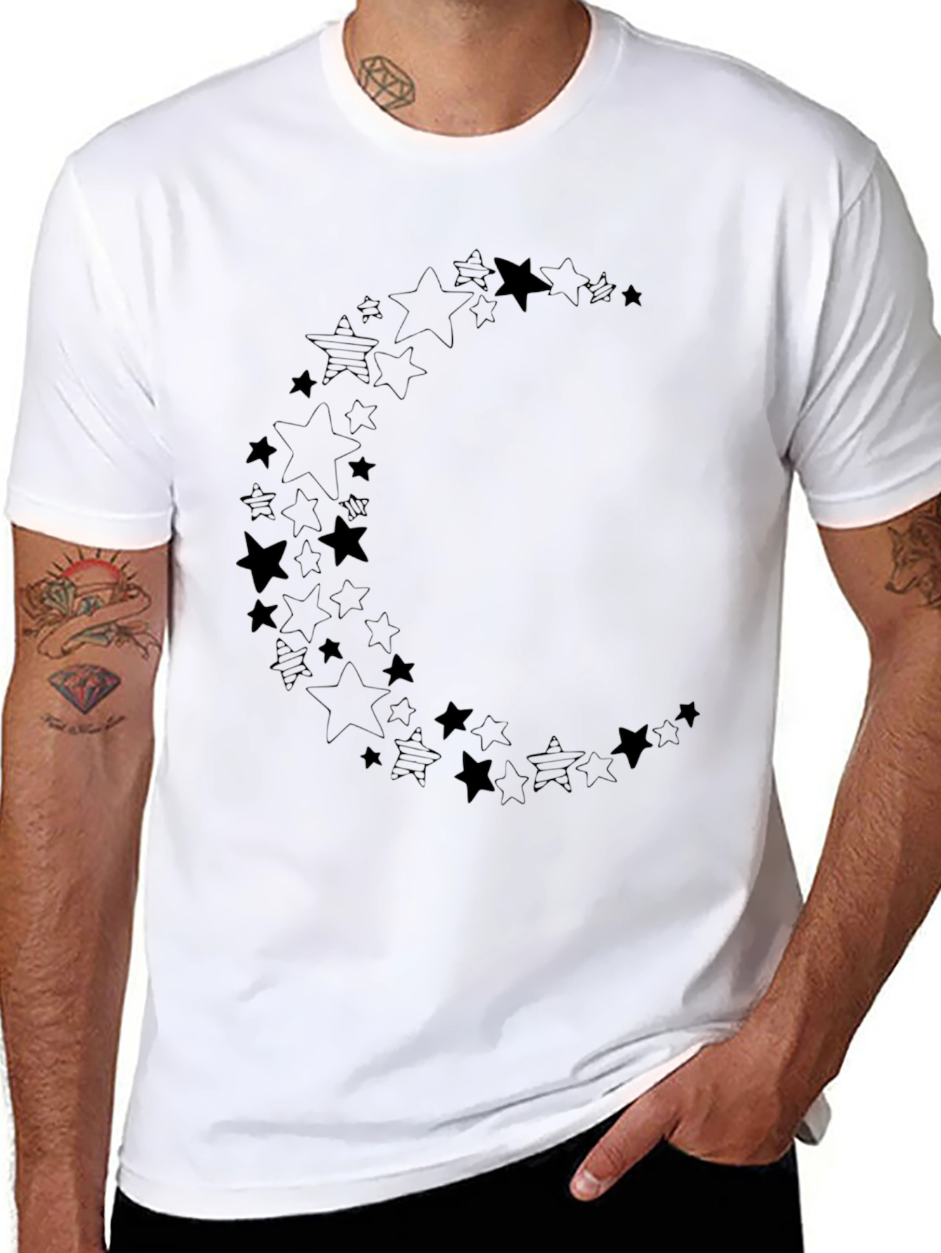 Starry Crescent Moon Graphic Black T-Shirt