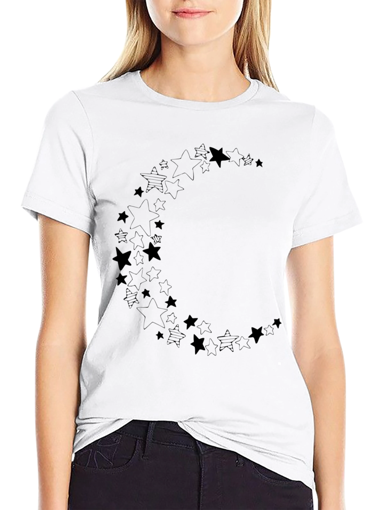 Starry Crescent Moon Graphic Black T-Shirt