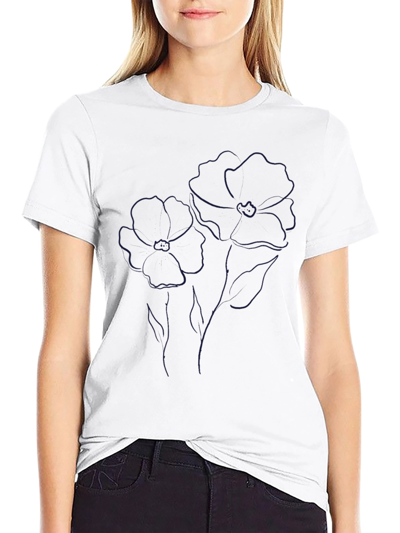 Minimalist Flower Line Art Black T-Shirt