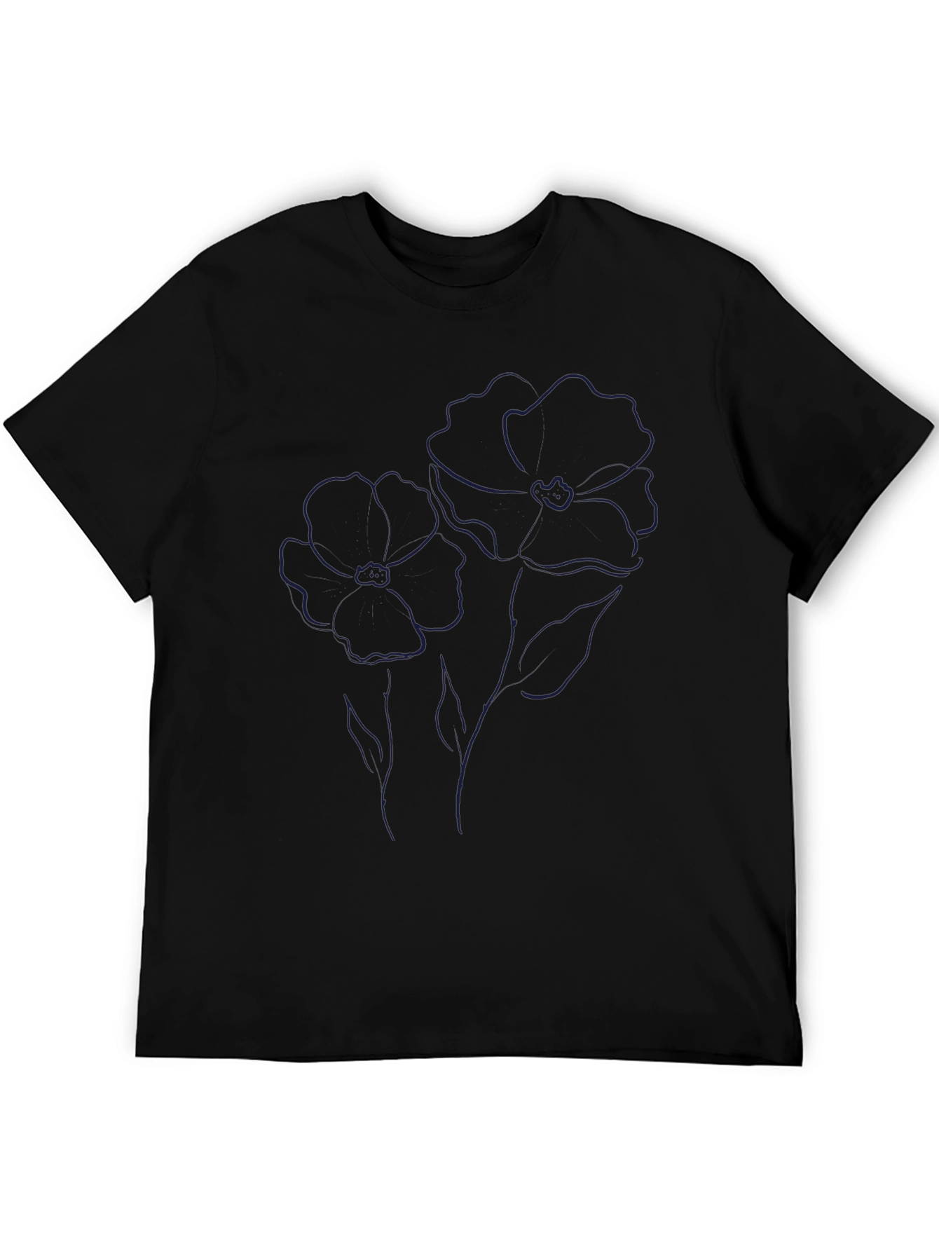 Minimalist Flower Line Art Black T-Shirt