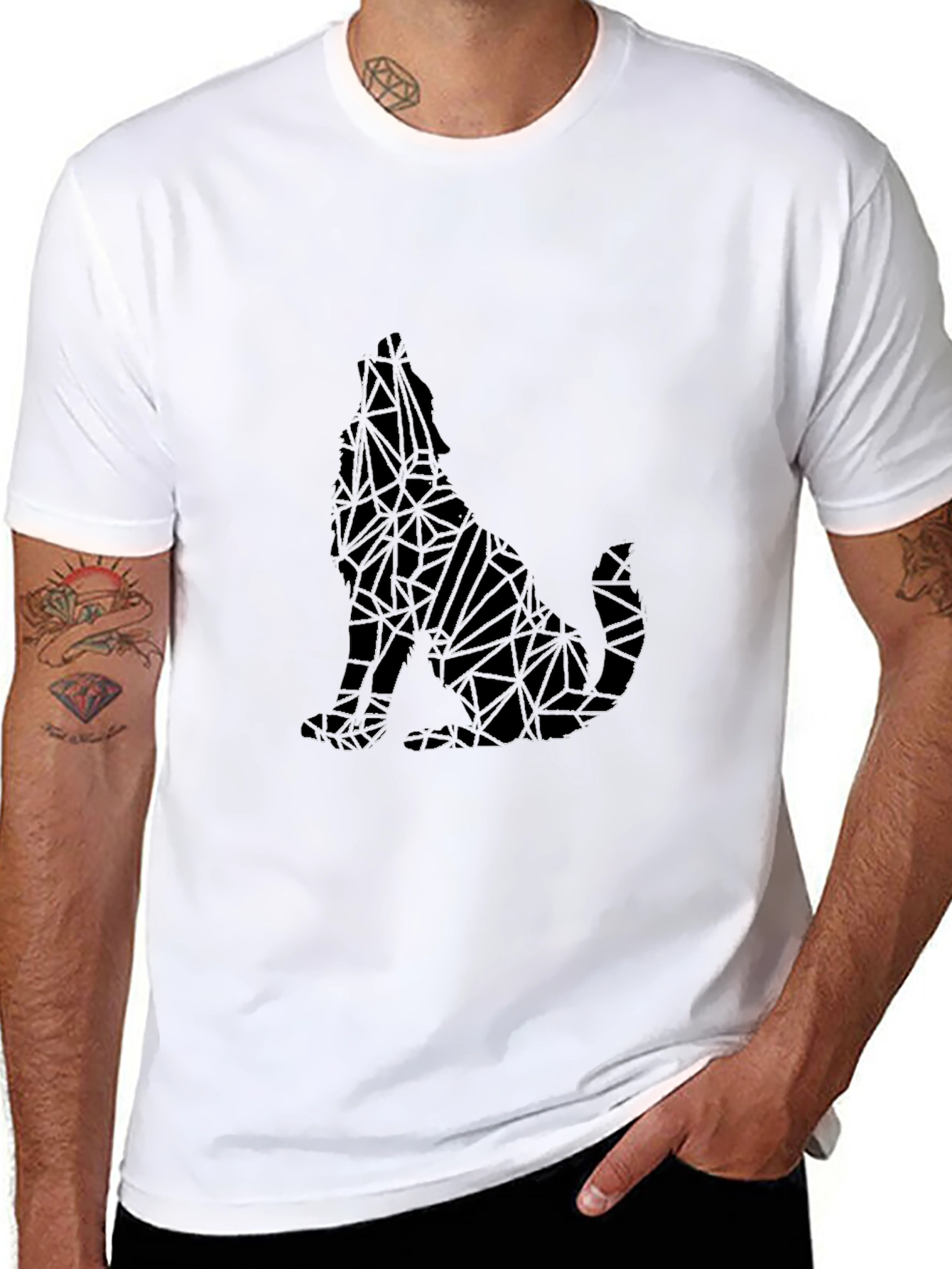 Geometric Wolf Graphic Print Black T-Shirt