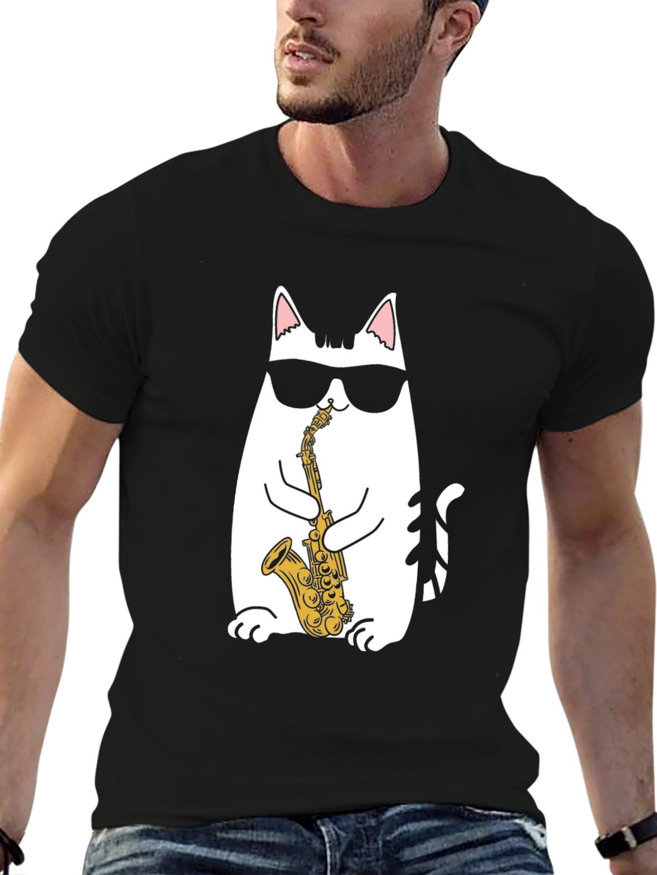 Cool Cat Saxophone T-Shirt - Black