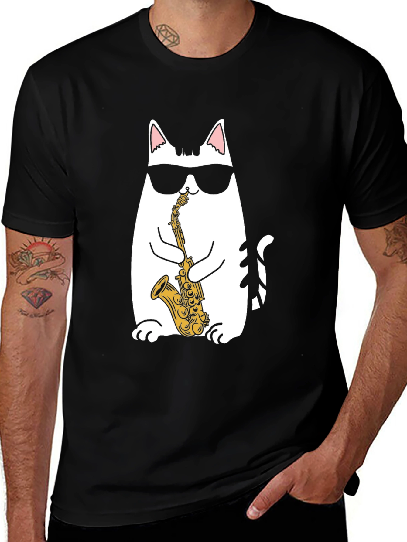 Cool Cat Saxophone T-Shirt - Black