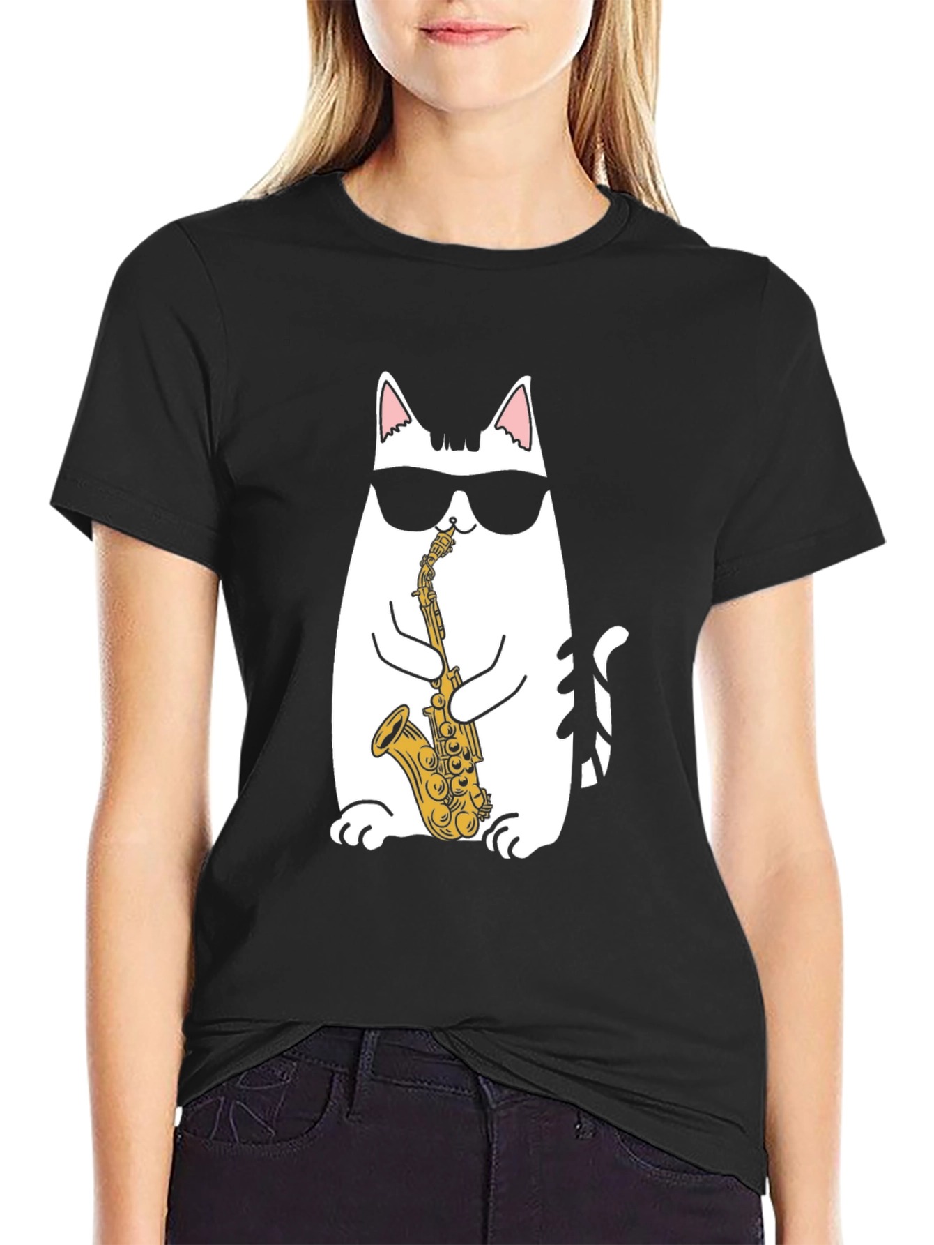 Cool Cat Saxophone T-Shirt - Black