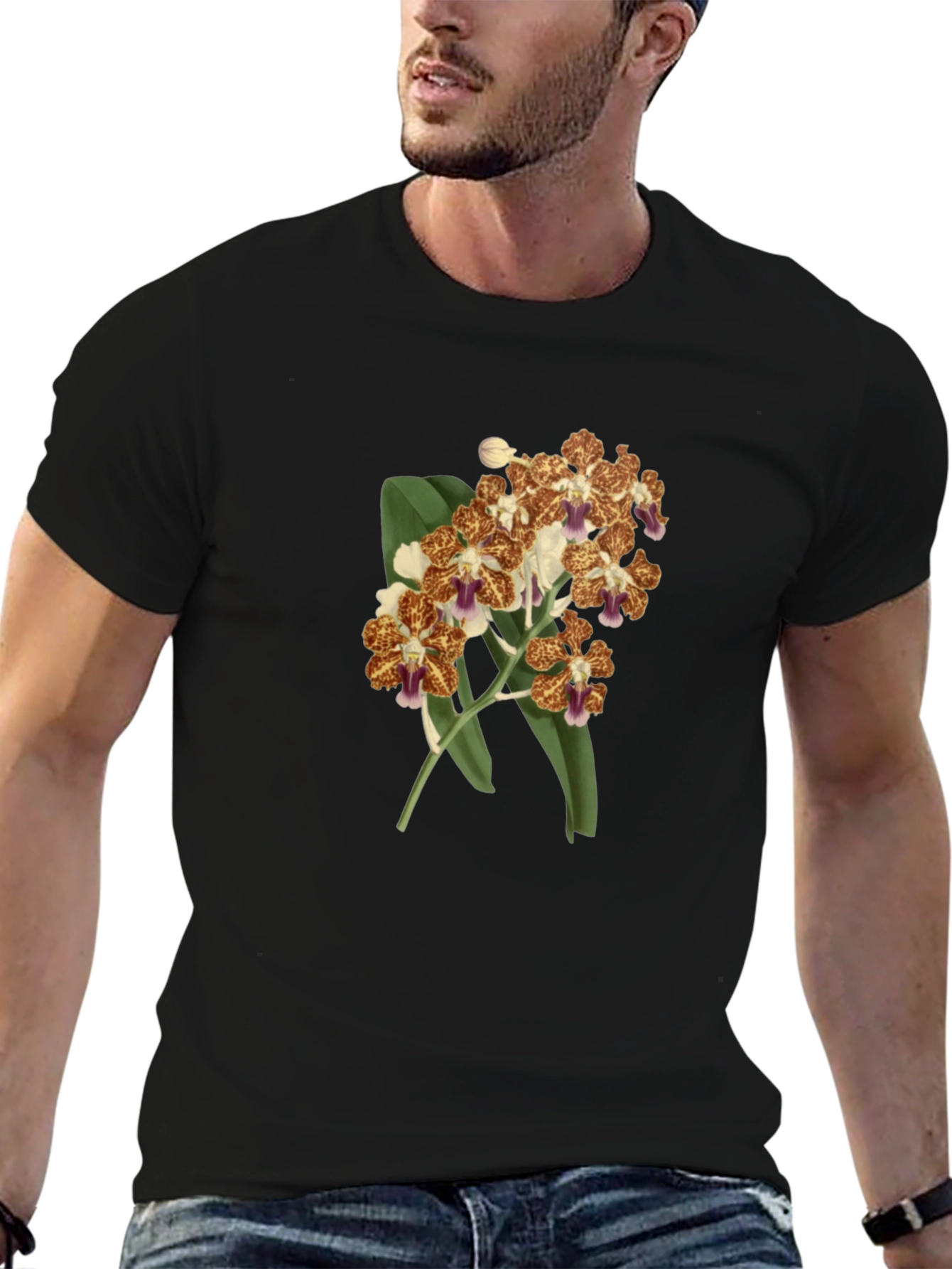 Floral Orchid Print Black T-Shirt