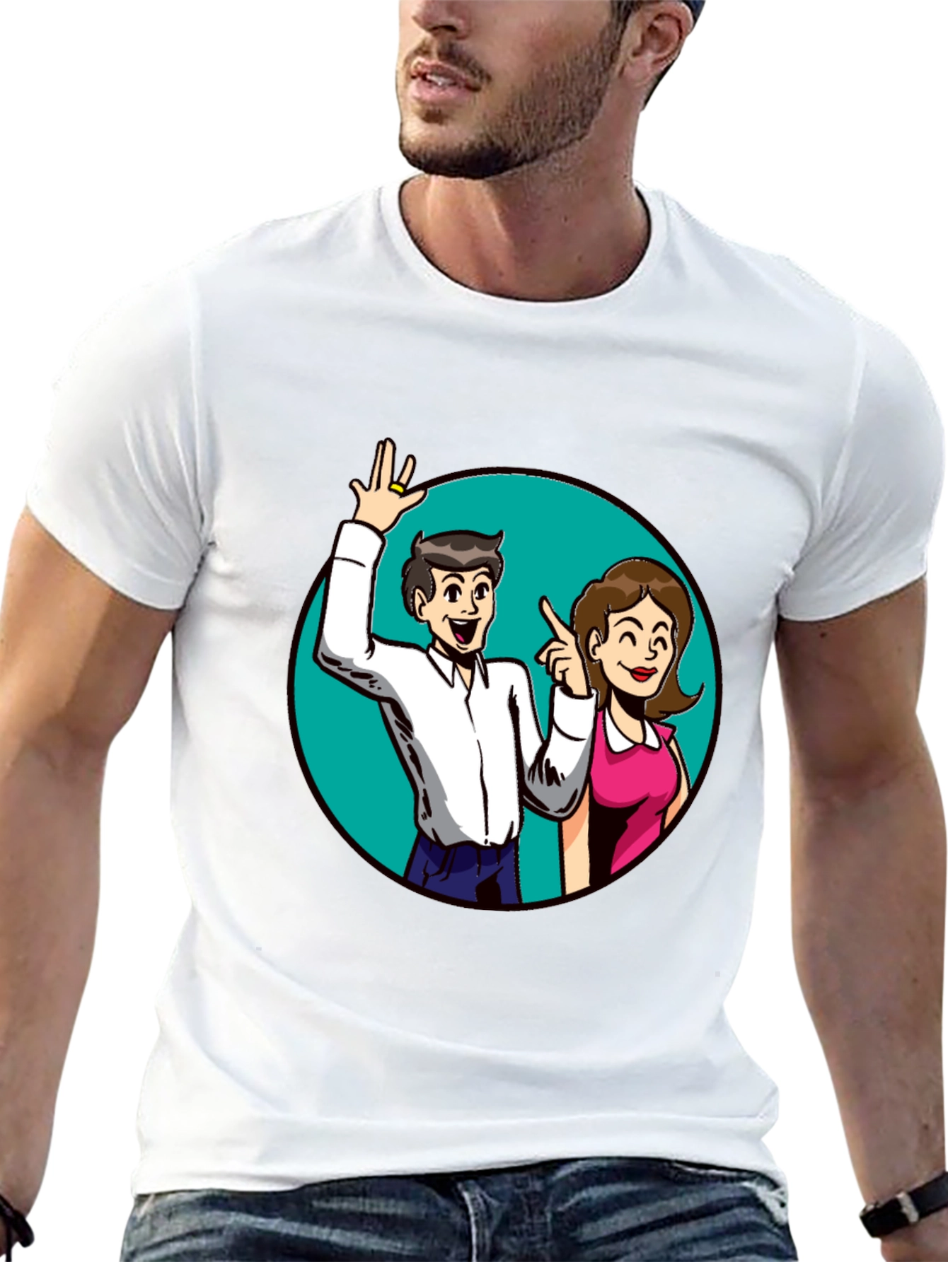 Cartoon Couple Graphic Tee - Black Casual Shirt