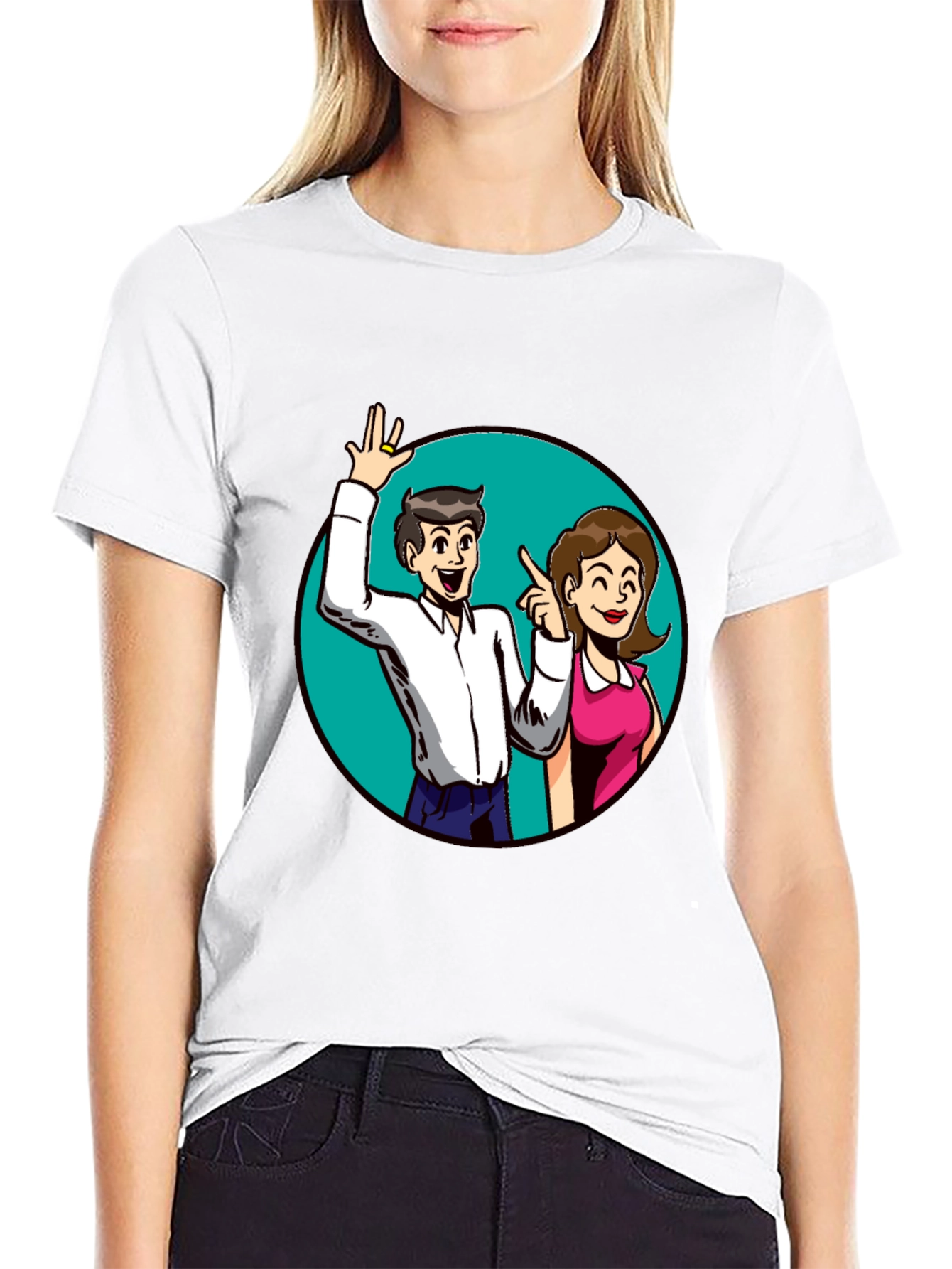 Cartoon Couple Graphic Tee - Black Casual Shirt