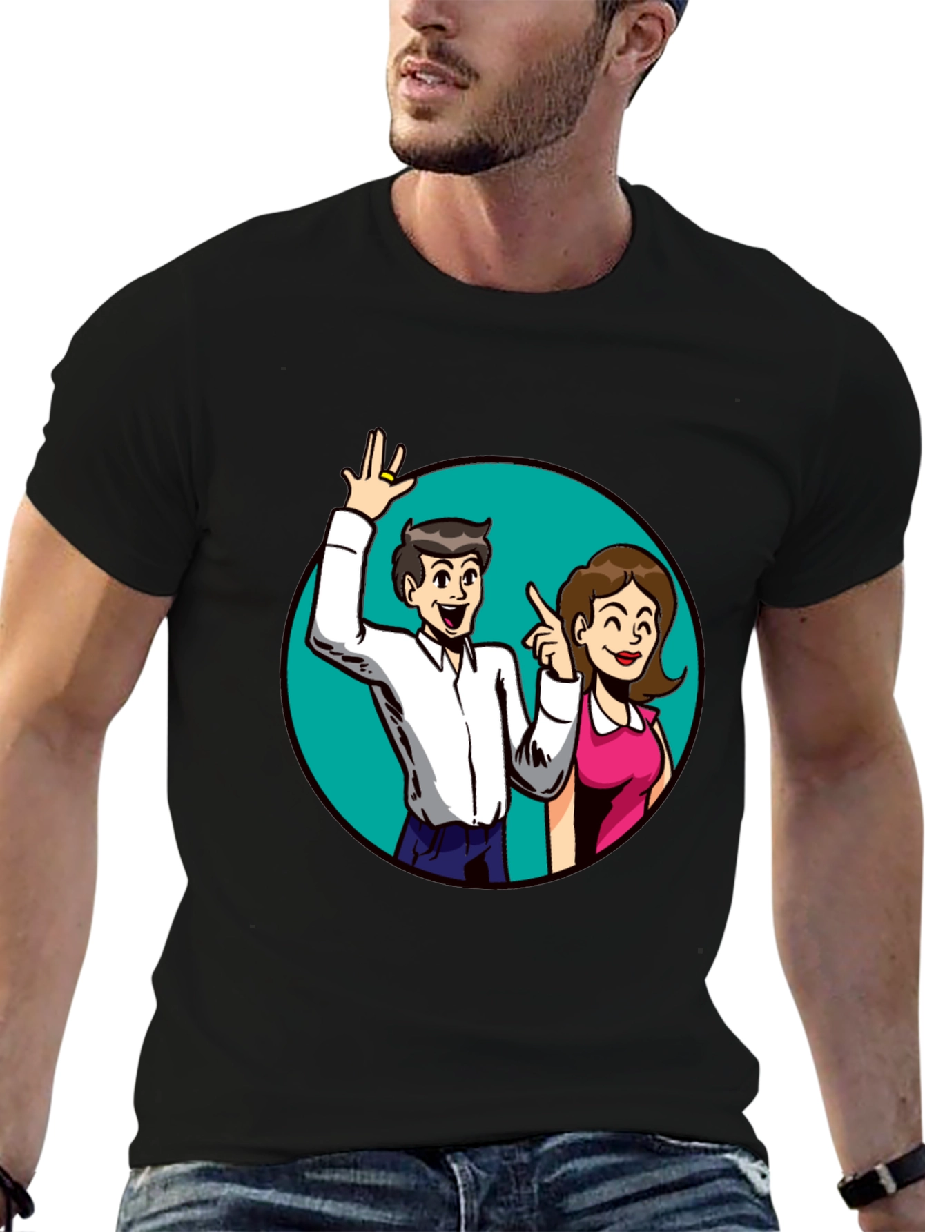 Cartoon Couple Graphic Tee - Black Casual Shirt