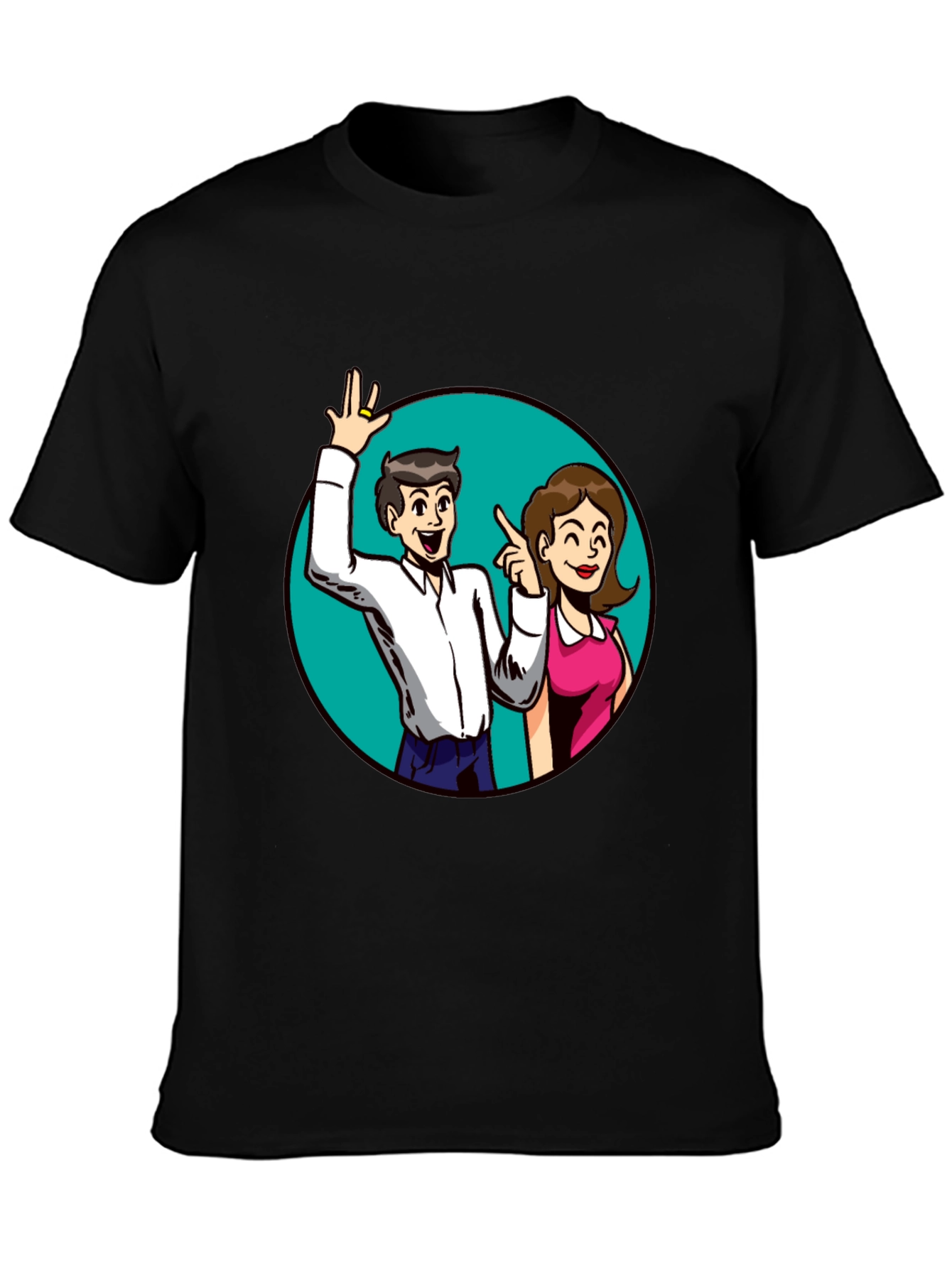 Cartoon Couple Graphic Tee - Black Casual Shirt